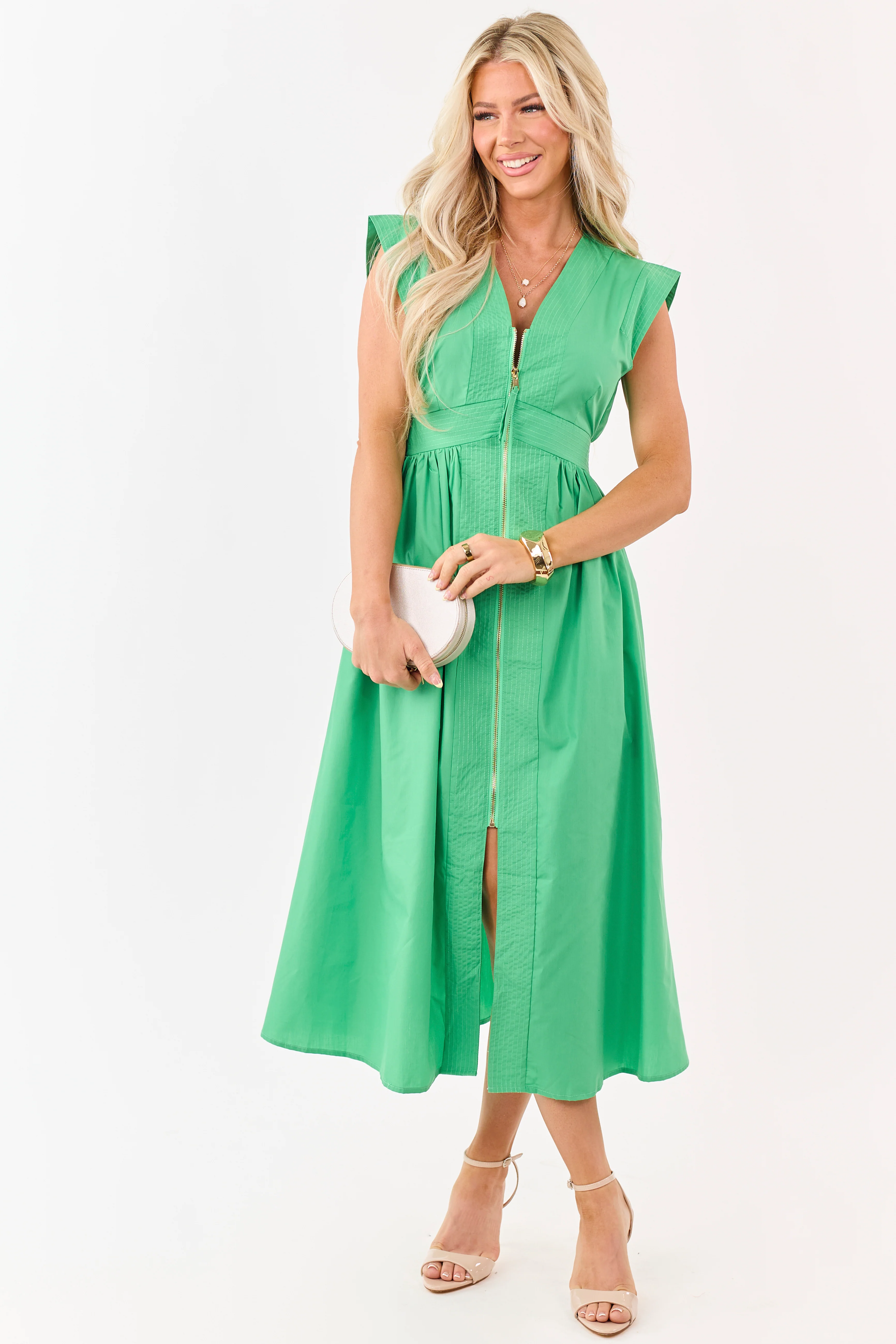Entro Kelly Green Zip Up Cap Sleeve Midi Dress - Image 3