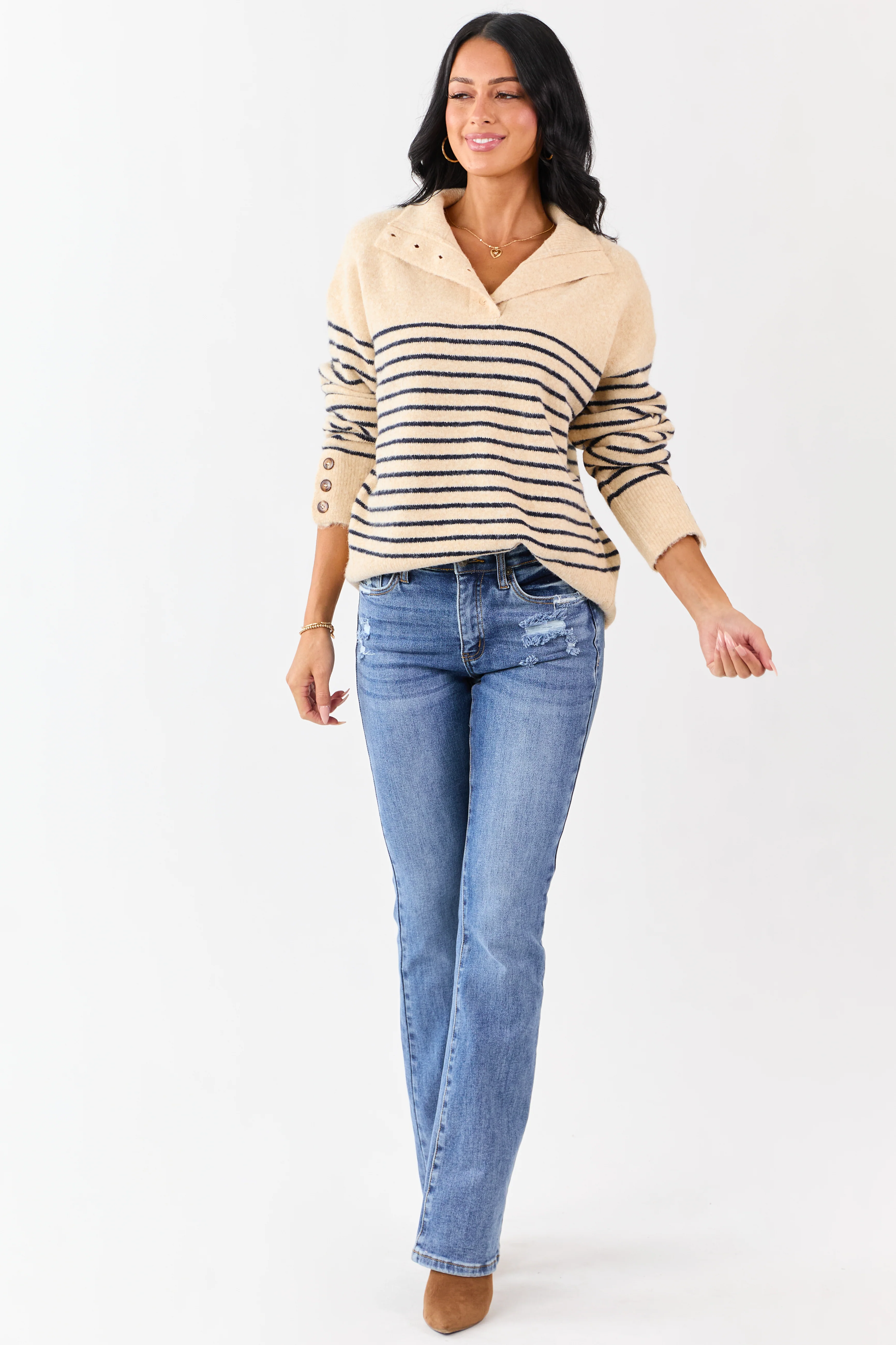 Entro Light Beige Striped Wool Blend Sweater - Image 2
