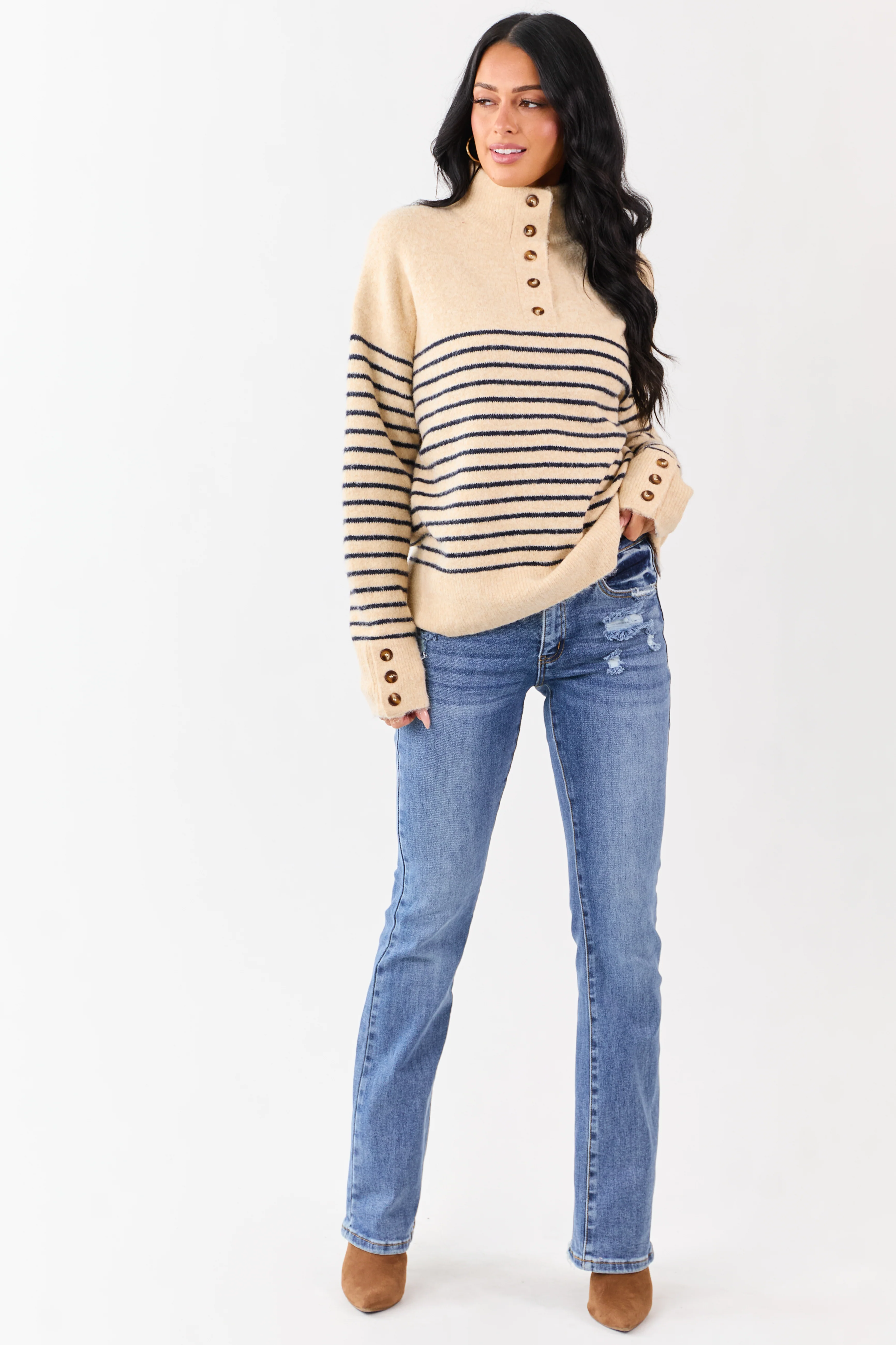 Entro Light Beige Striped Wool Blend Sweater - Image 3