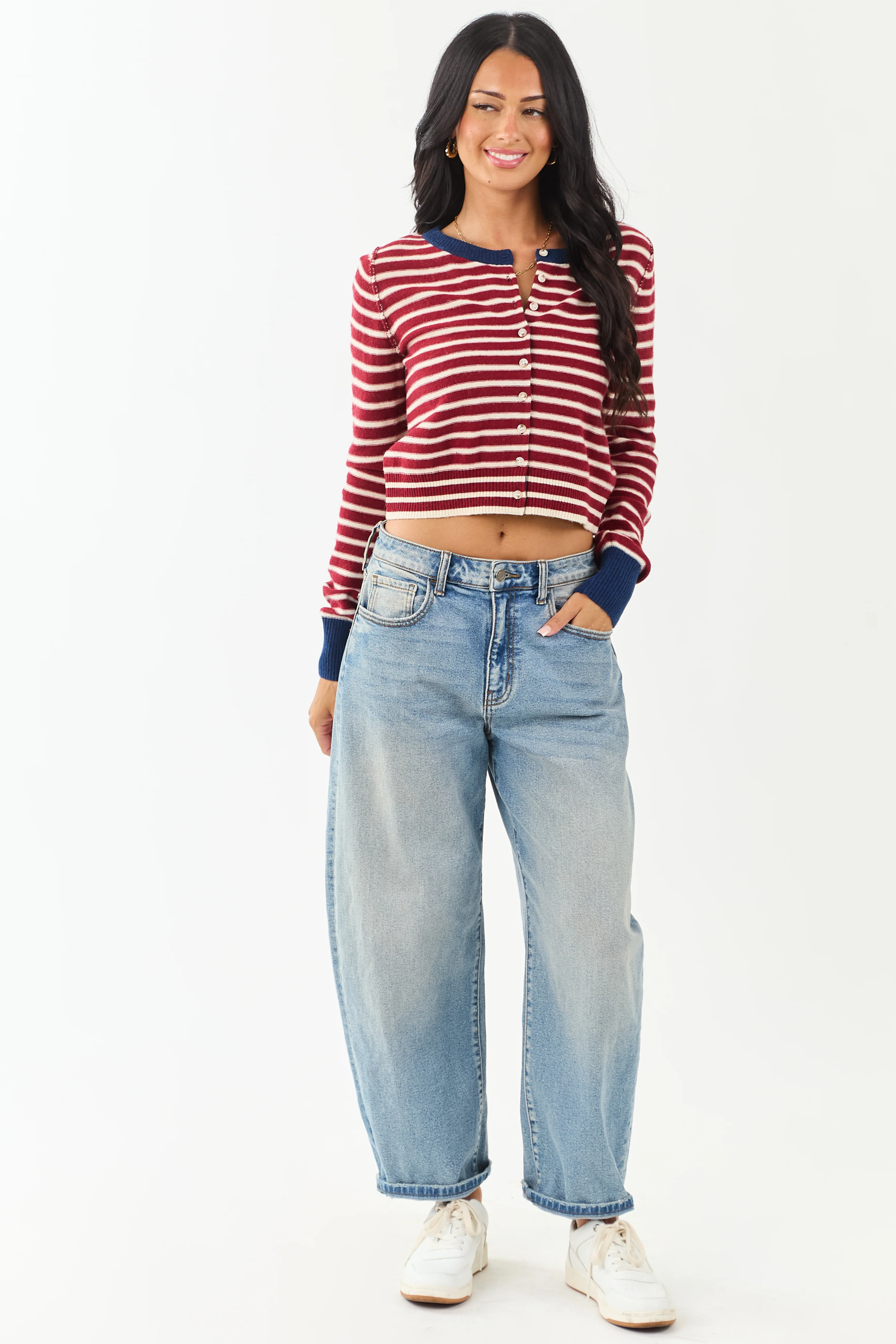 Entro Maroon and Cream Striped Button Down Cardigan - Image 3