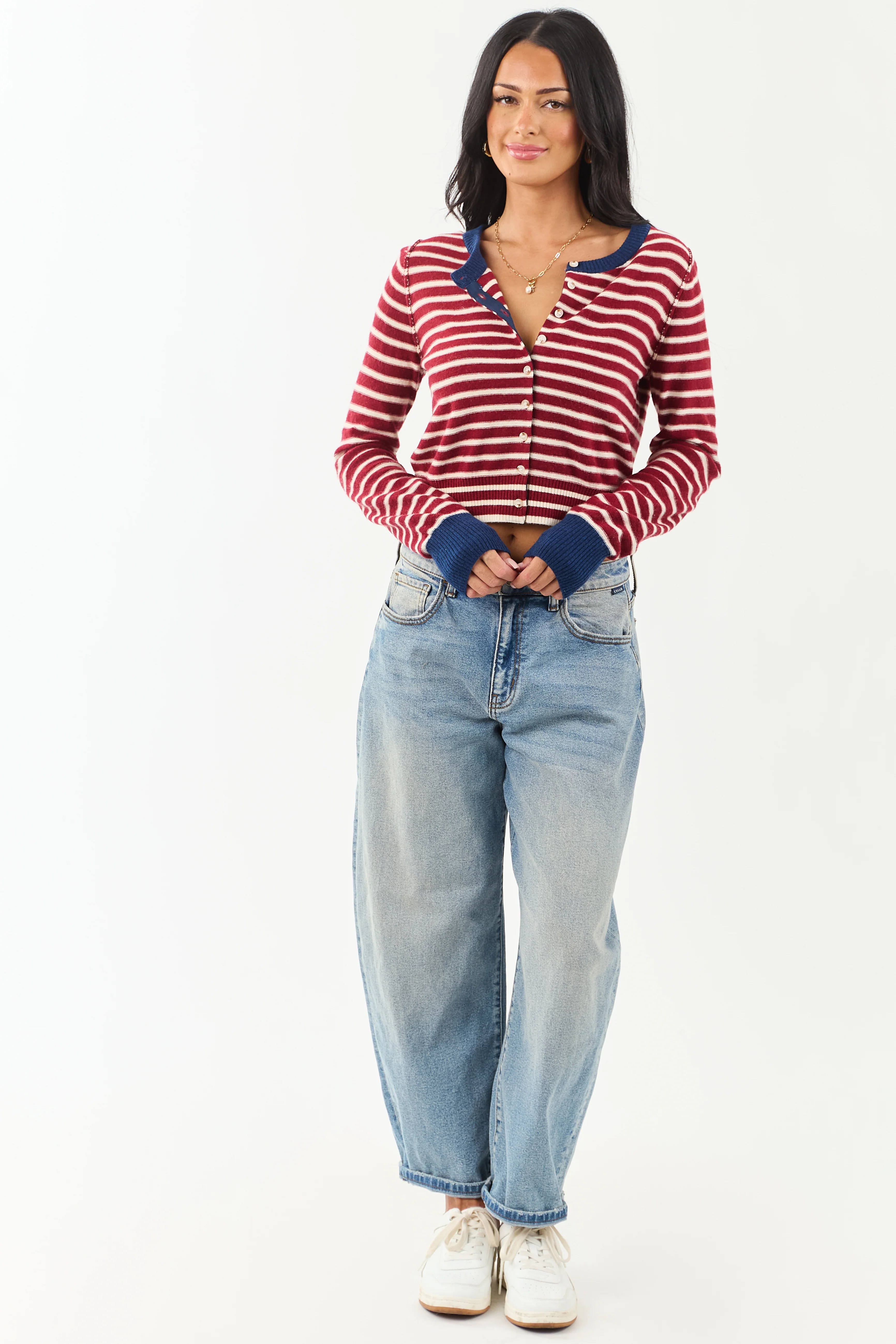 Entro Maroon and Cream Striped Button Down Cardigan - Image 4