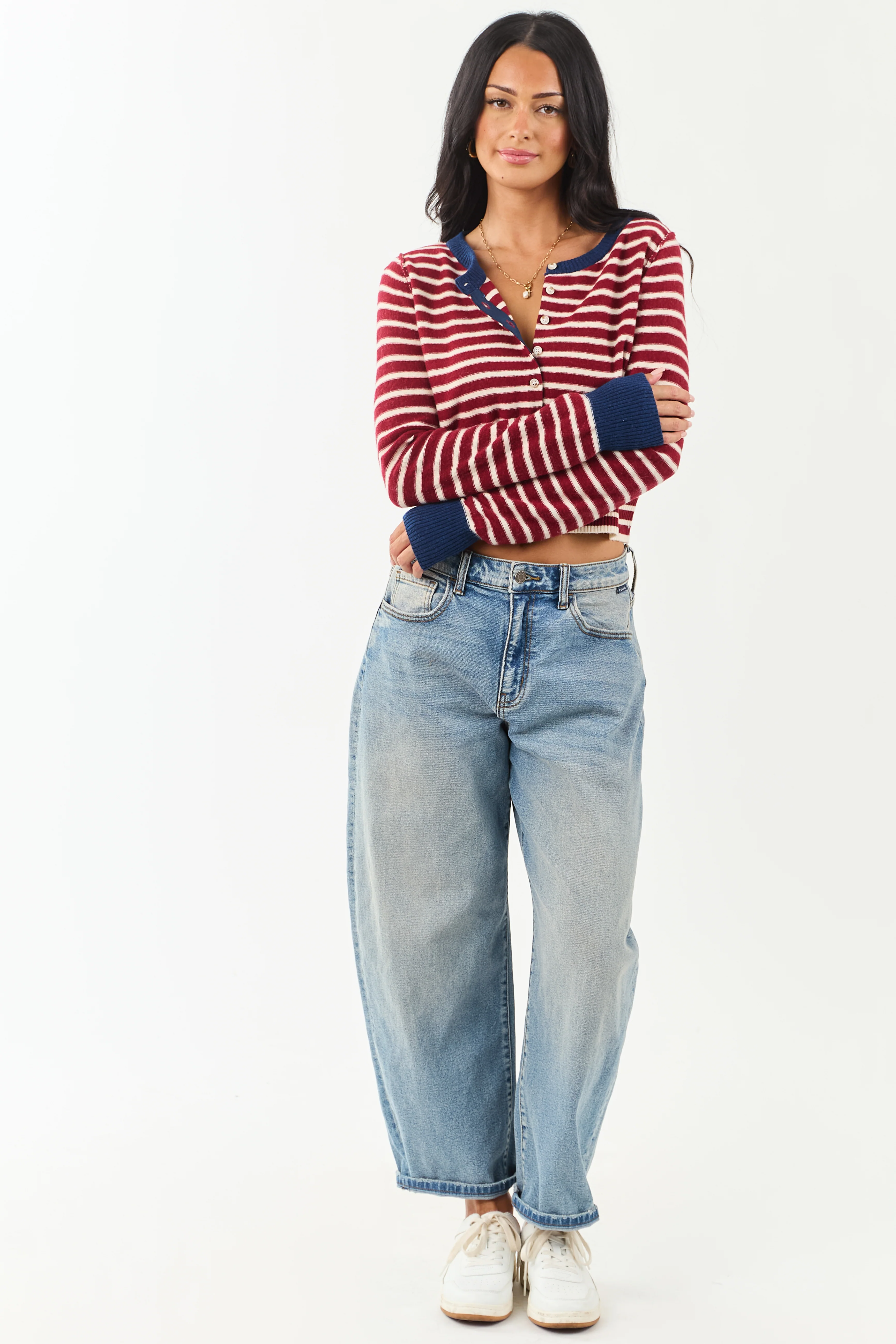 Entro Maroon and Cream Striped Button Down Cardigan - Image 5