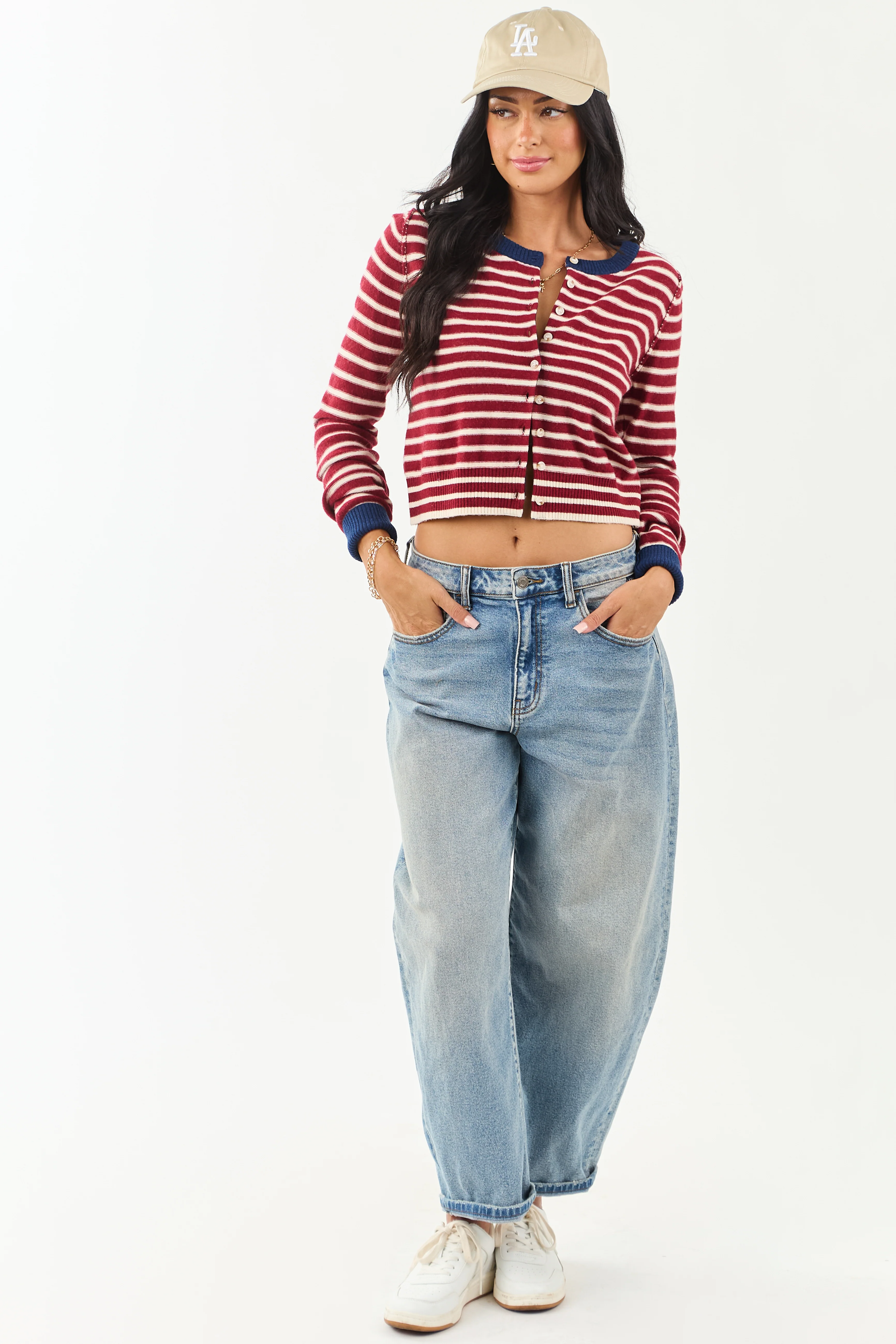 Entro Maroon and Cream Striped Button Down Cardigan - Image 6