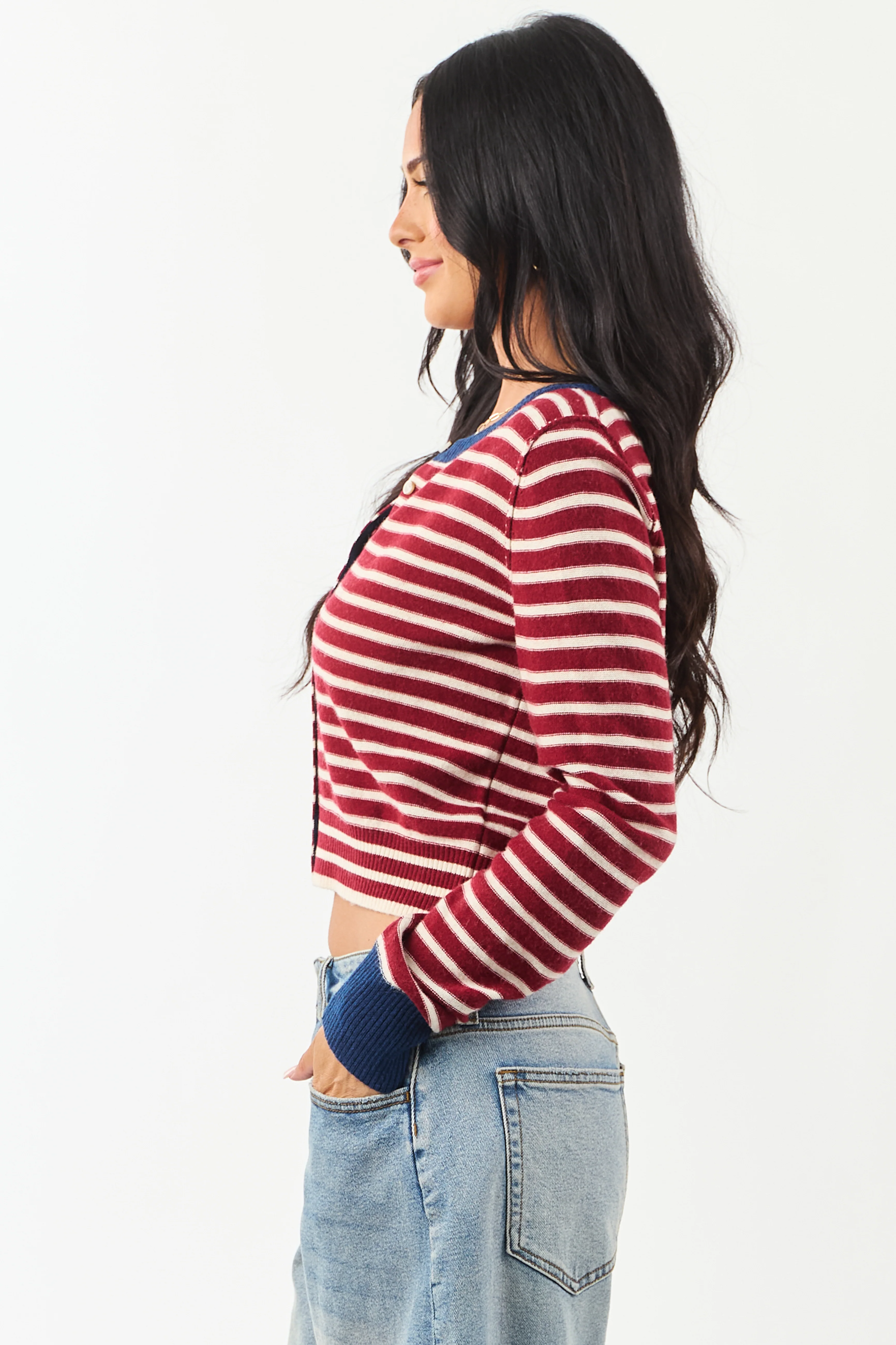 Entro Maroon and Cream Striped Button Down Cardigan - Image 7