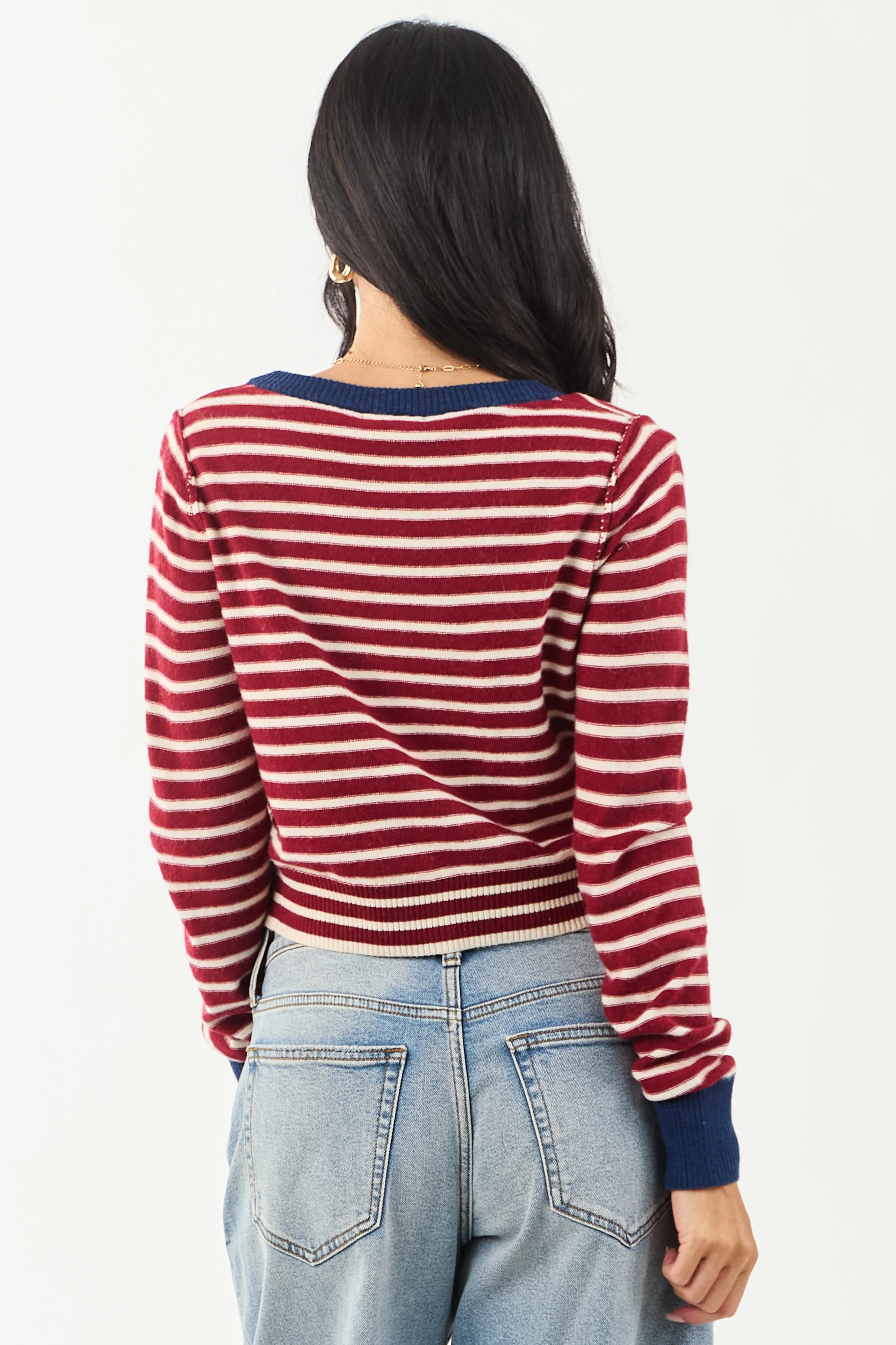 Entro Maroon and Cream Striped Button Down Cardigan - Image 8