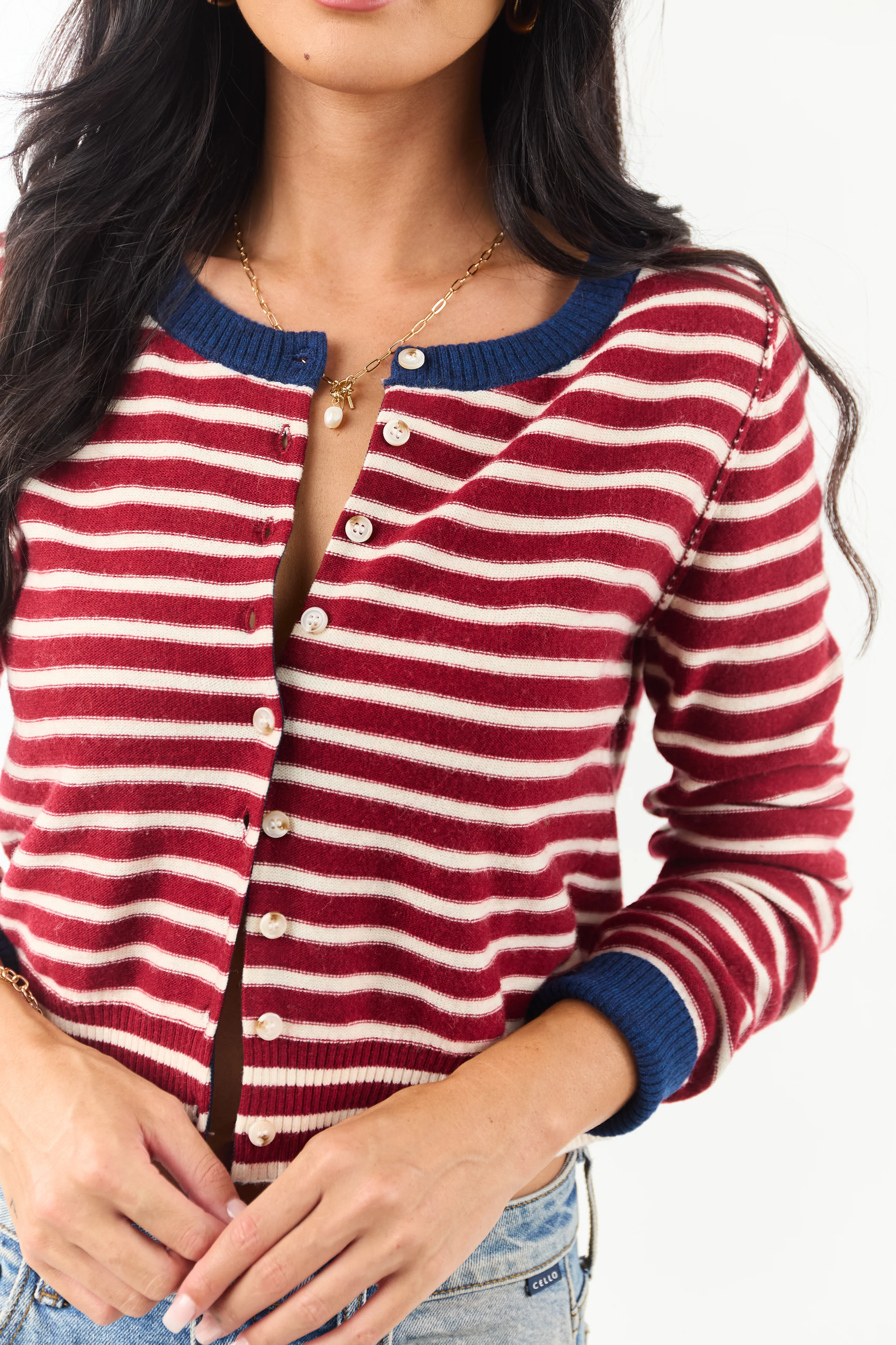Entro Maroon and Cream Striped Button Down Cardigan - Image 9