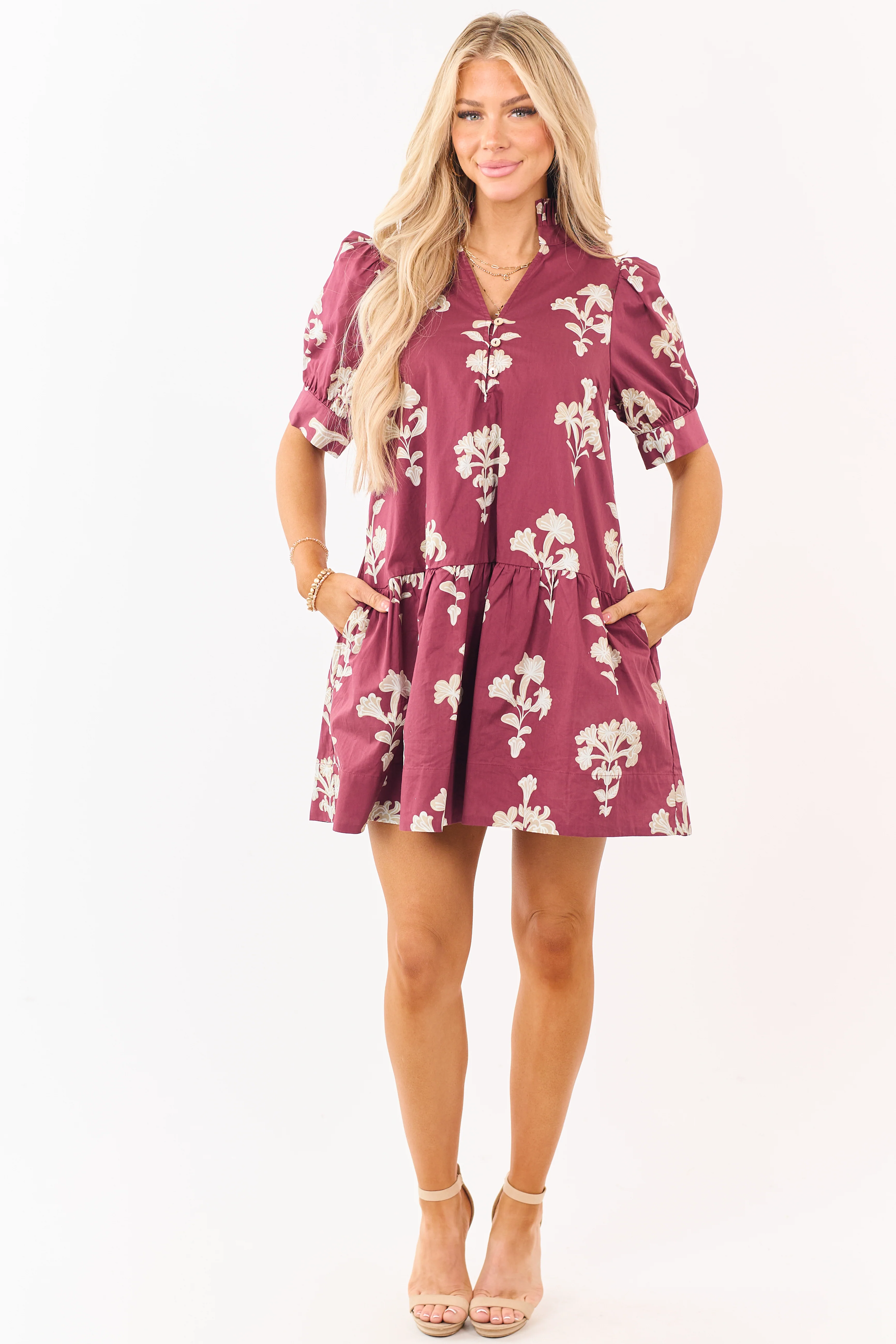 Entro Maroon Floral Puff Sleeve Cotton Mini Dress