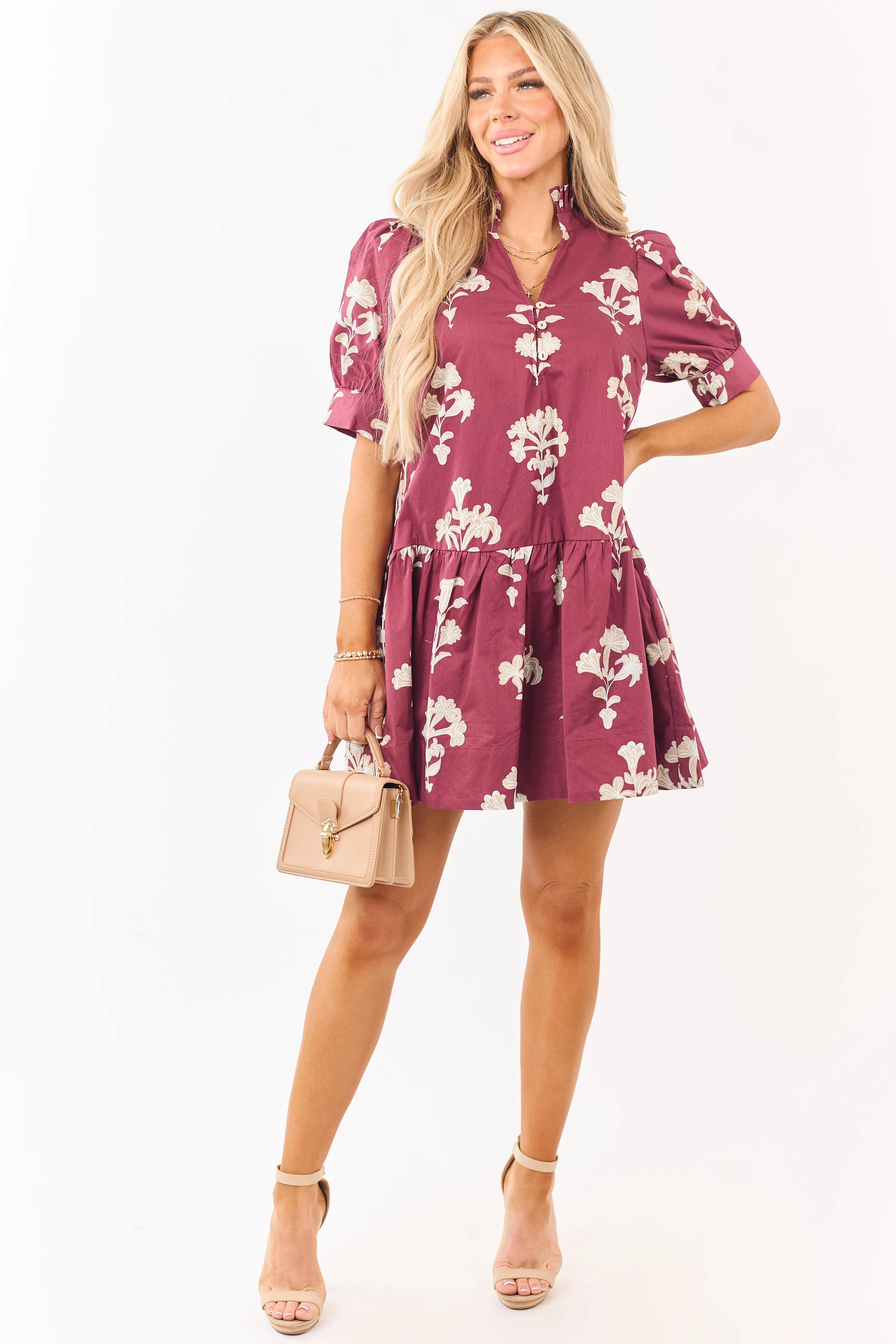 Entro Maroon Floral Puff Sleeve Cotton Mini Dress - Image 3