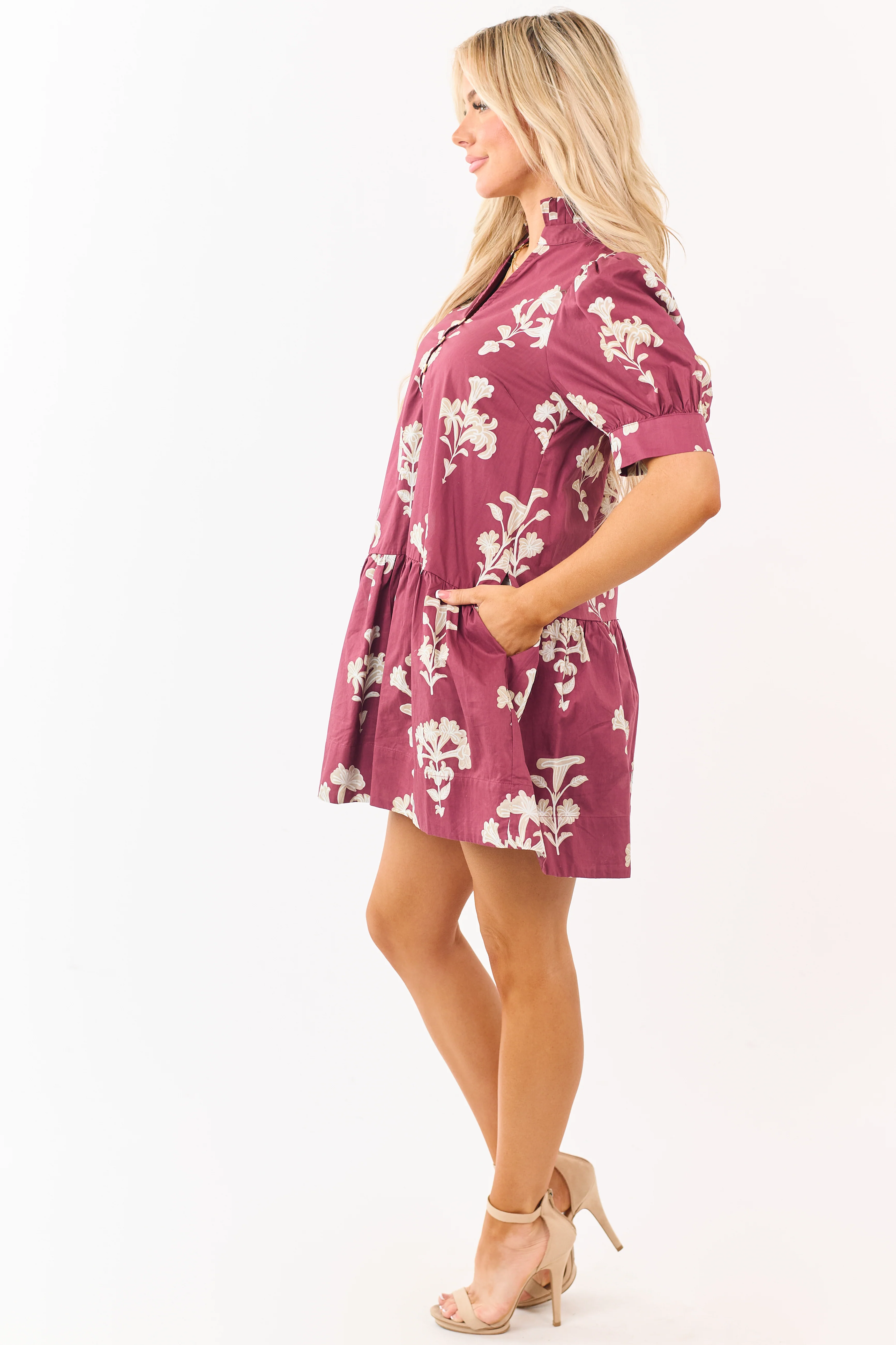 Entro Maroon Floral Puff Sleeve Cotton Mini Dress - Image 4