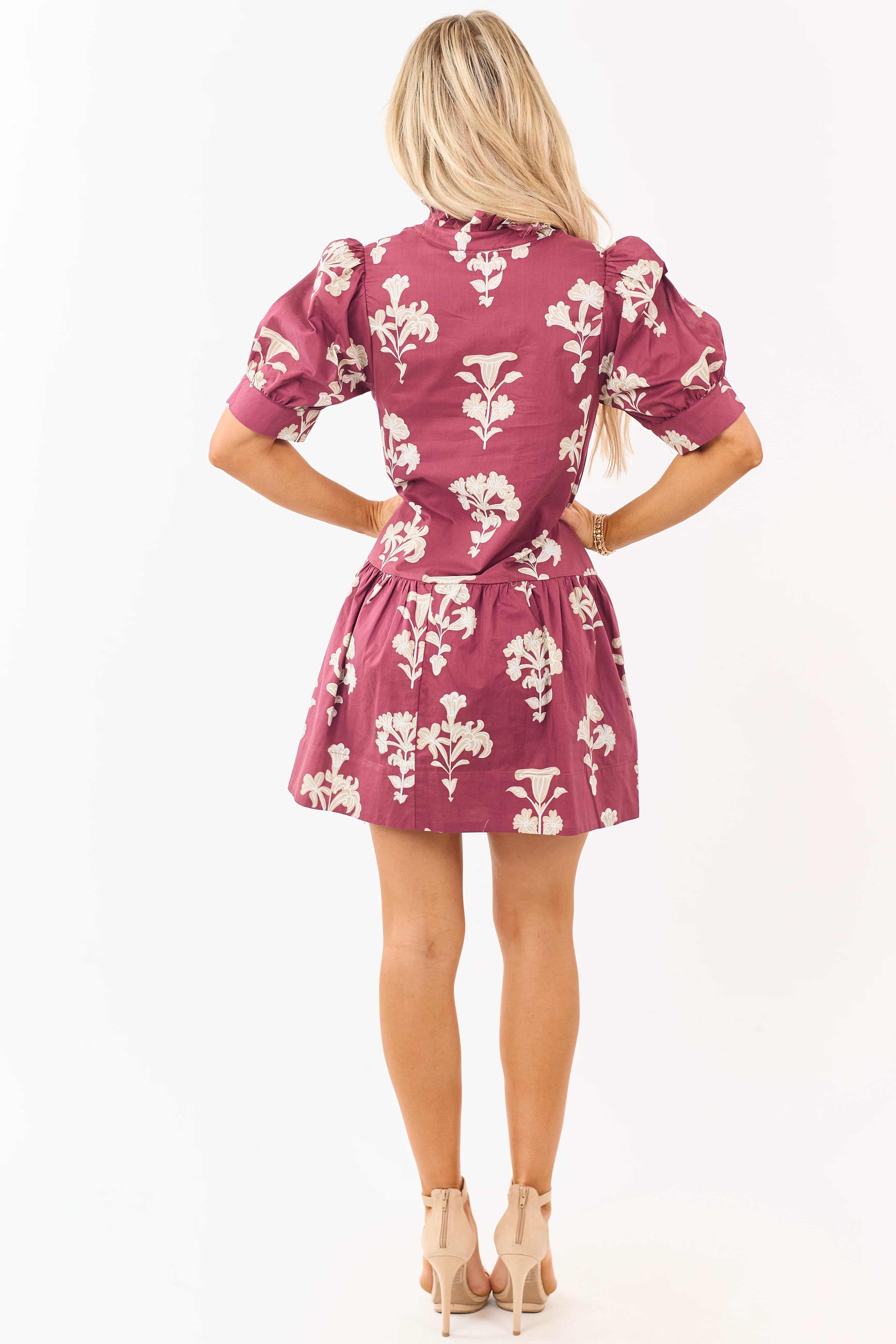 Entro Maroon Floral Puff Sleeve Cotton Mini Dress - Image 5