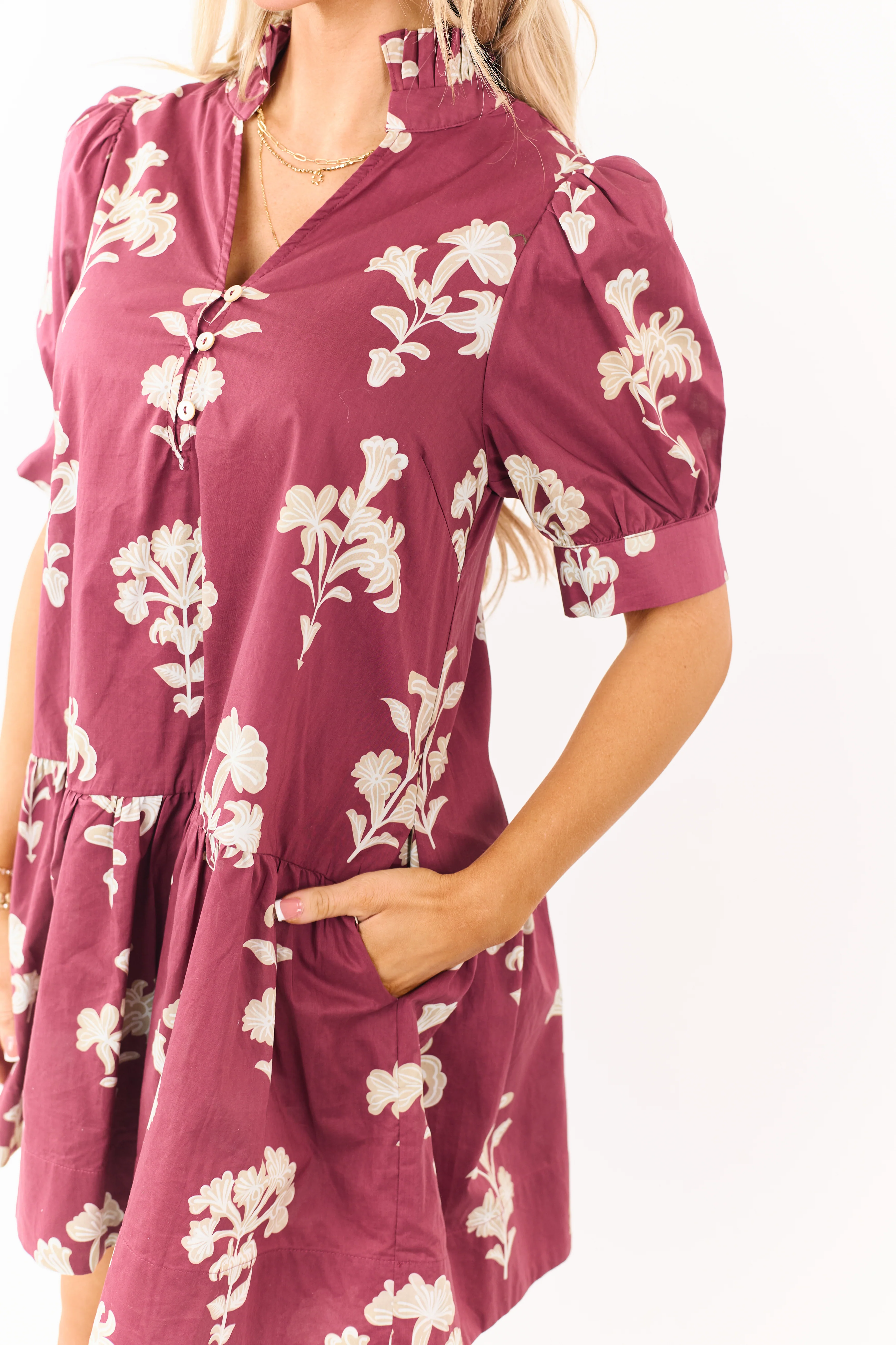 Entro Maroon Floral Puff Sleeve Cotton Mini Dress - Image 6