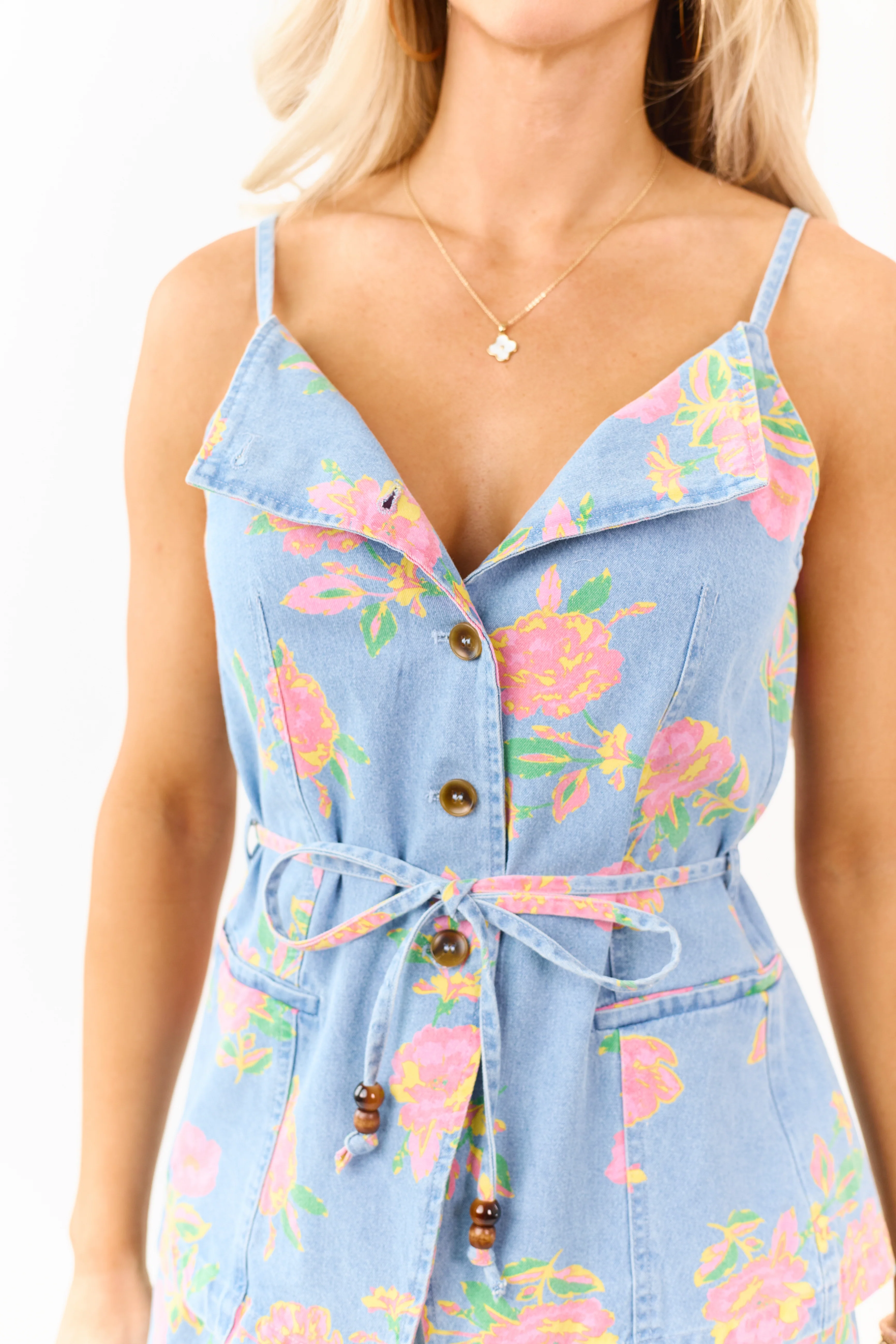 Entro Medium Wash Floral Print Denim Tank Top - Image 8