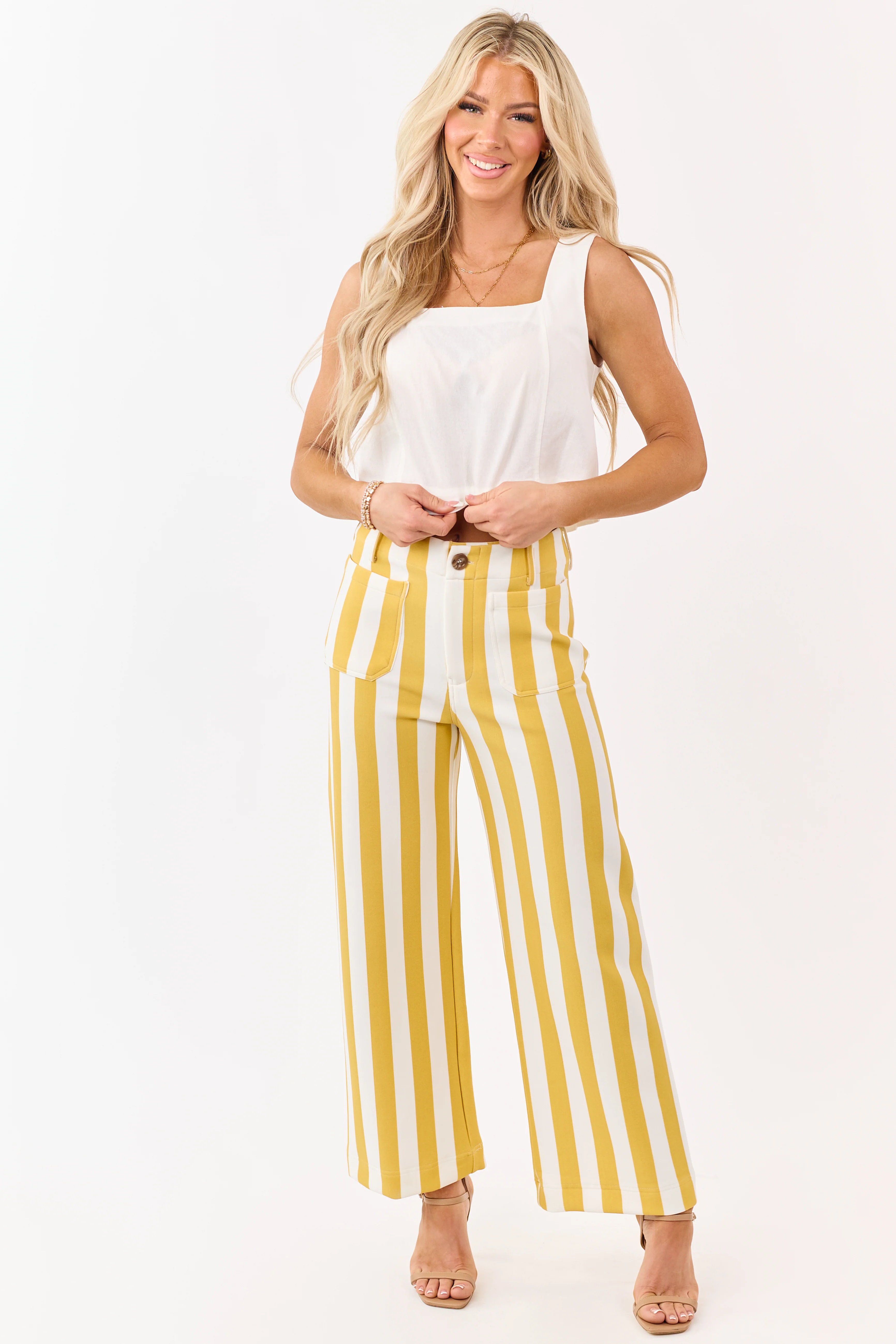 Entro Mustard Striped Relaxed Straight Knit Pants - Image 5