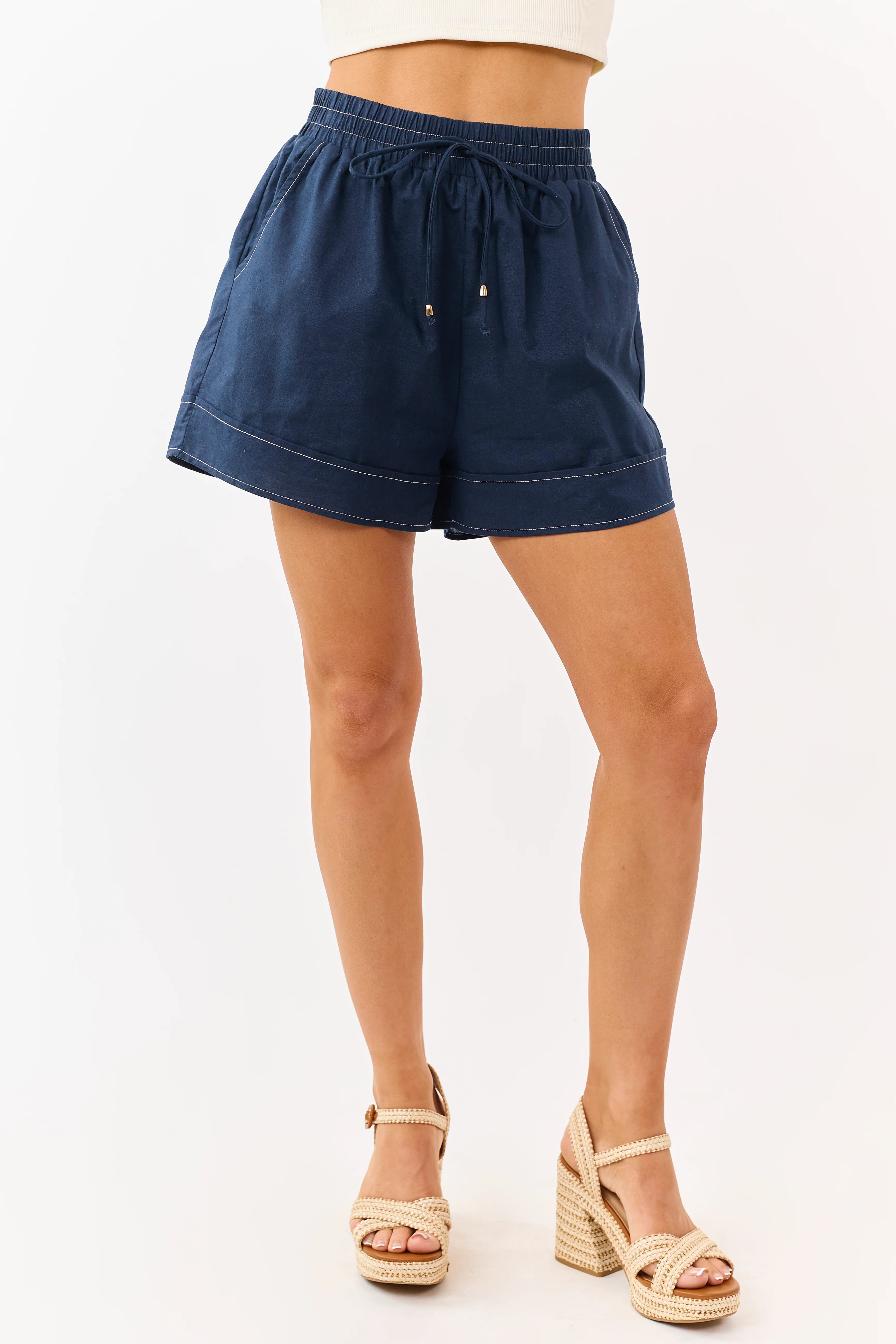 Entro Navy Contrast Stitch Elastic Waist Shorts - Image 2