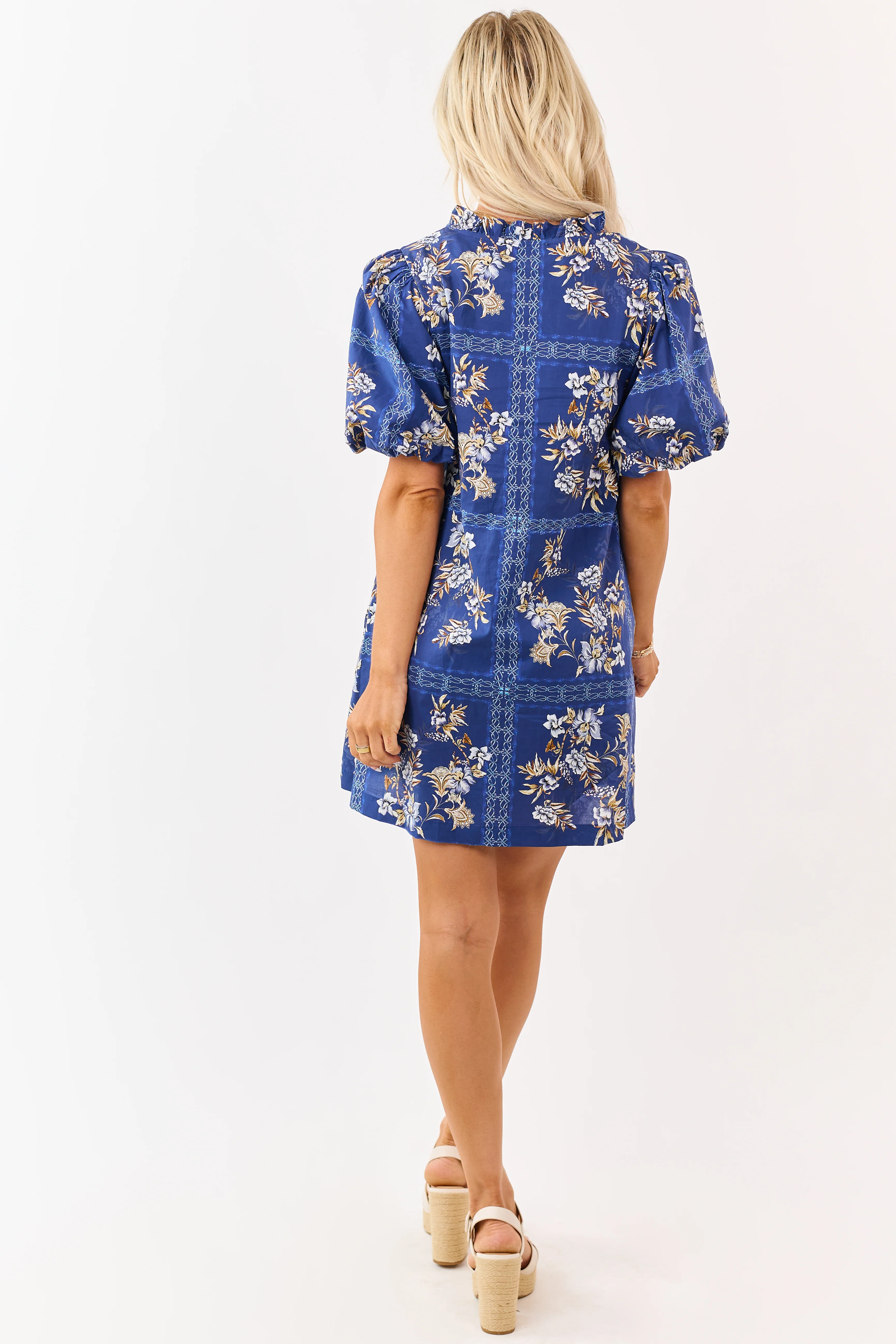 Entro Navy Cotton Floral Puff Sleeve Mini Dress - Image 6