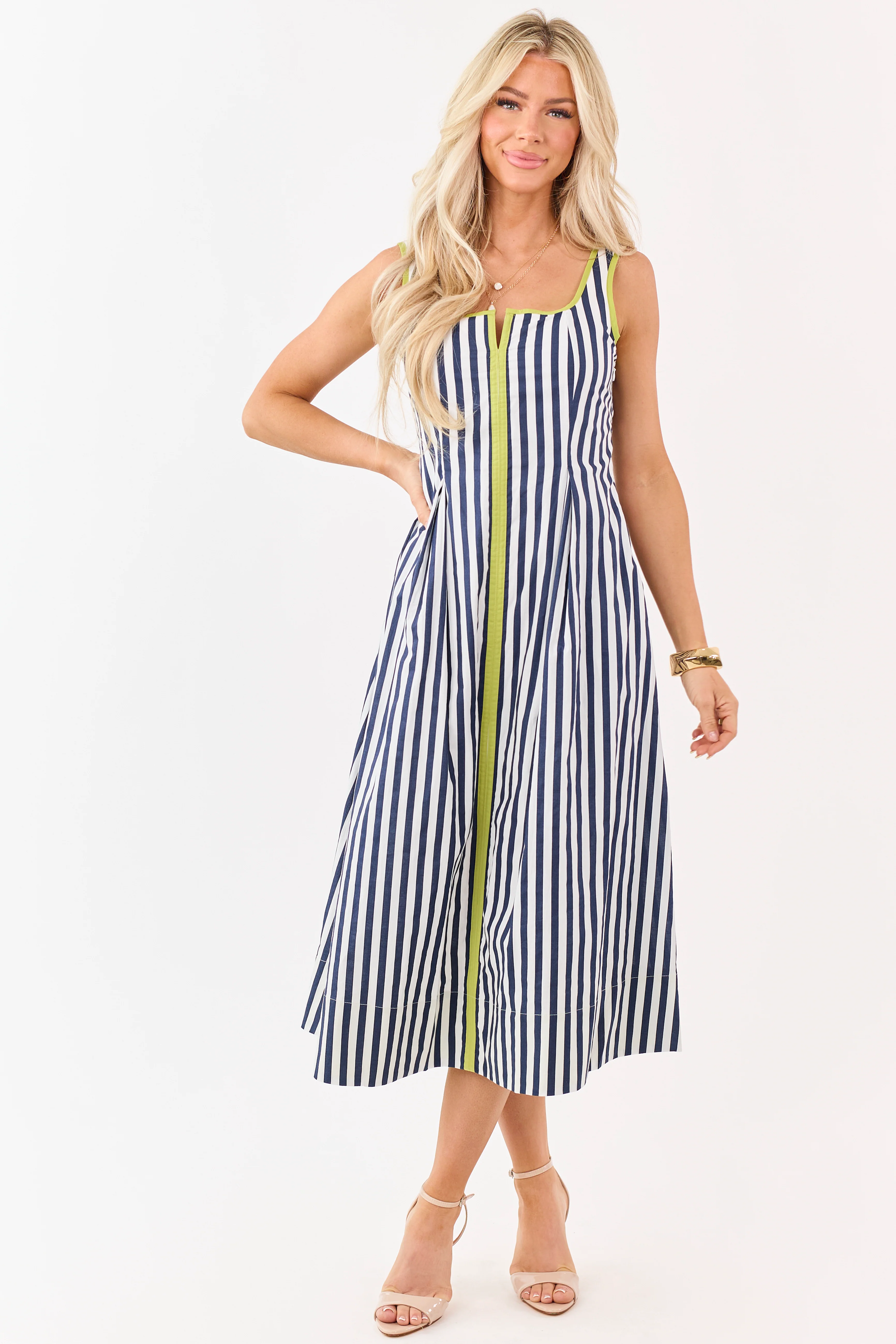 Entro Navy Cotton Striped Contrast Trim Midi Dress