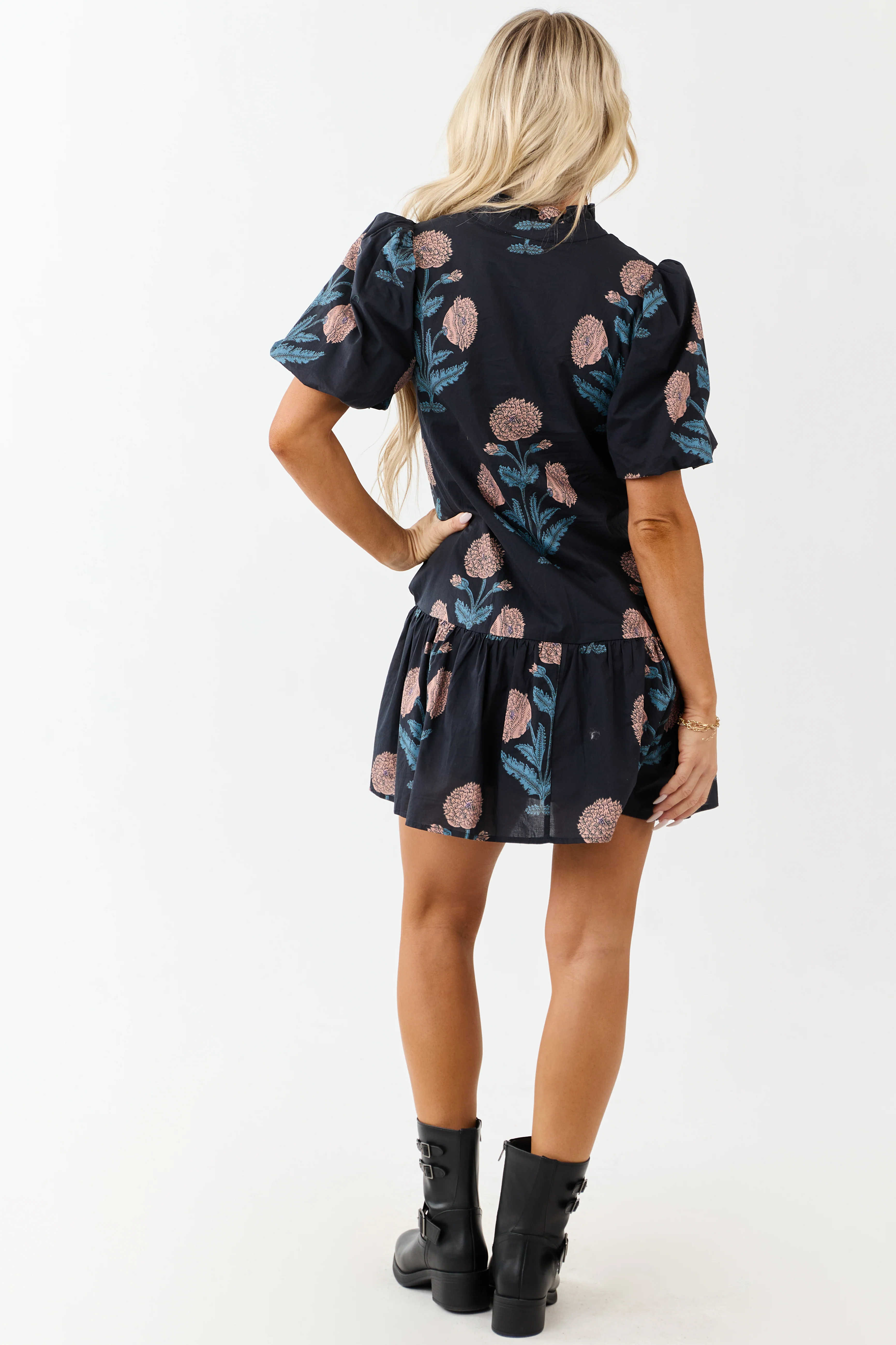 Entro Navy Floral Puff Sleeve Cotton Mini Dress - Image 5