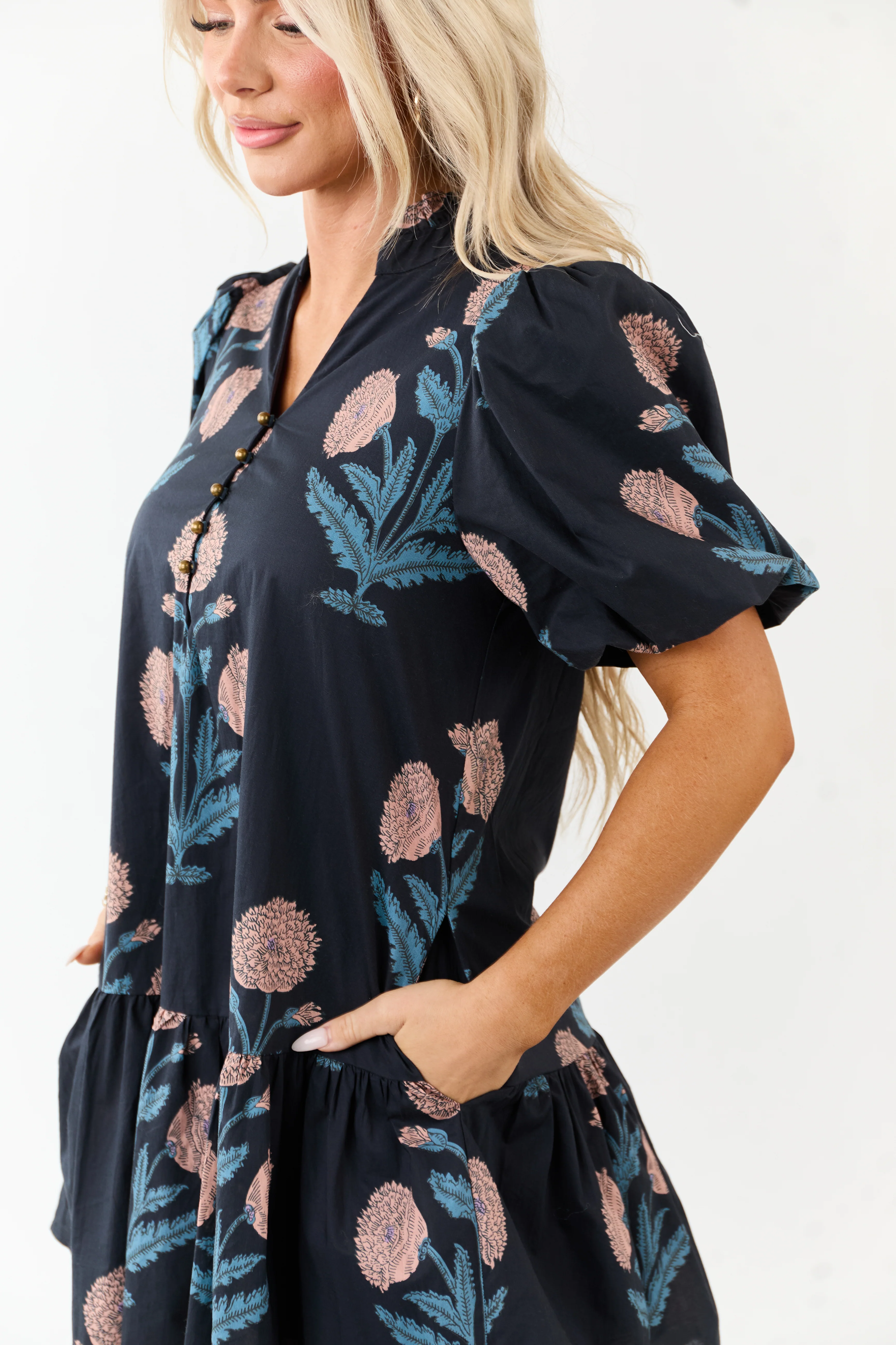 Entro Navy Floral Puff Sleeve Cotton Mini Dress - Image 6