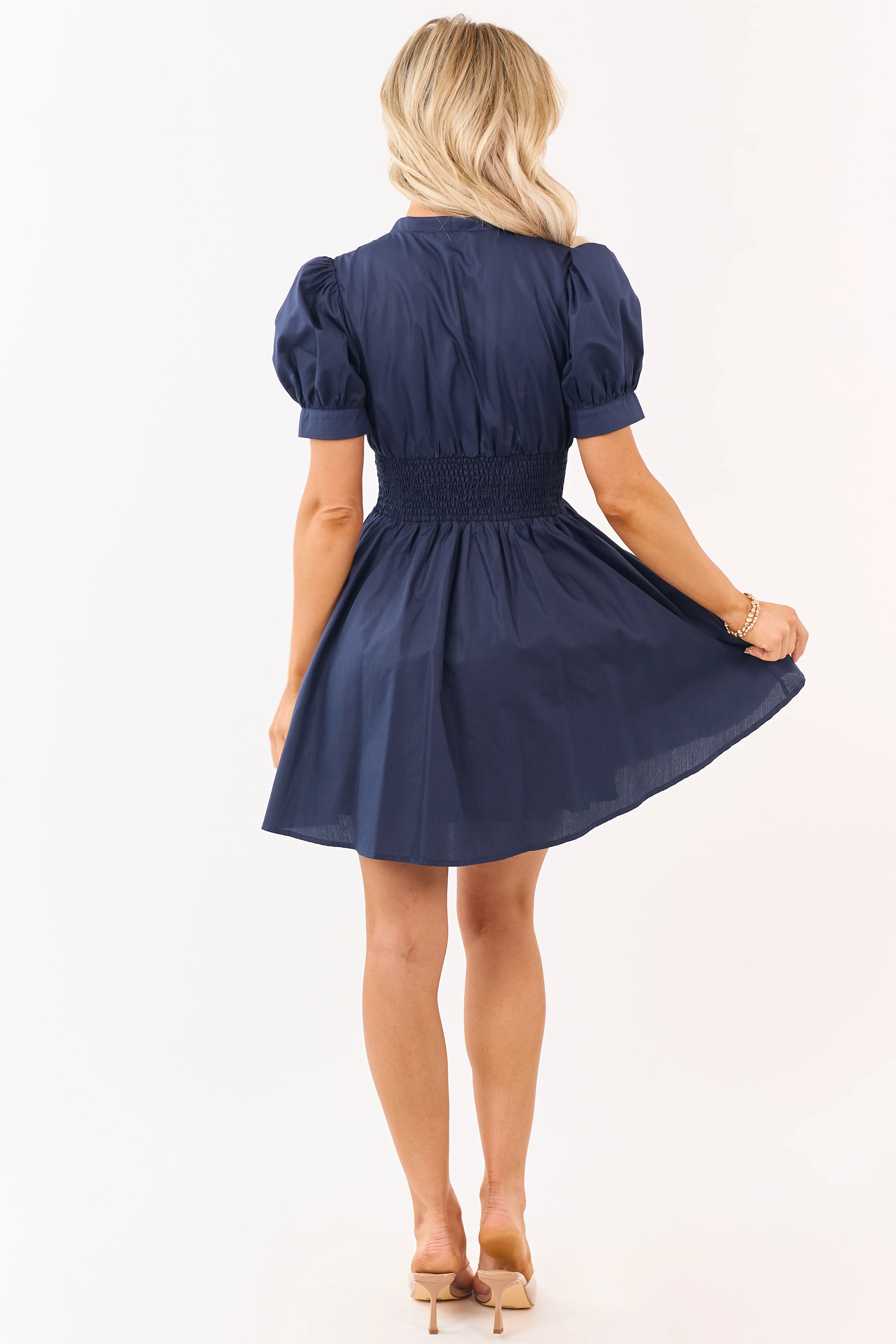 Entro Navy Puff Sleeve Zip Up Smocked Mini Dress - Image 4