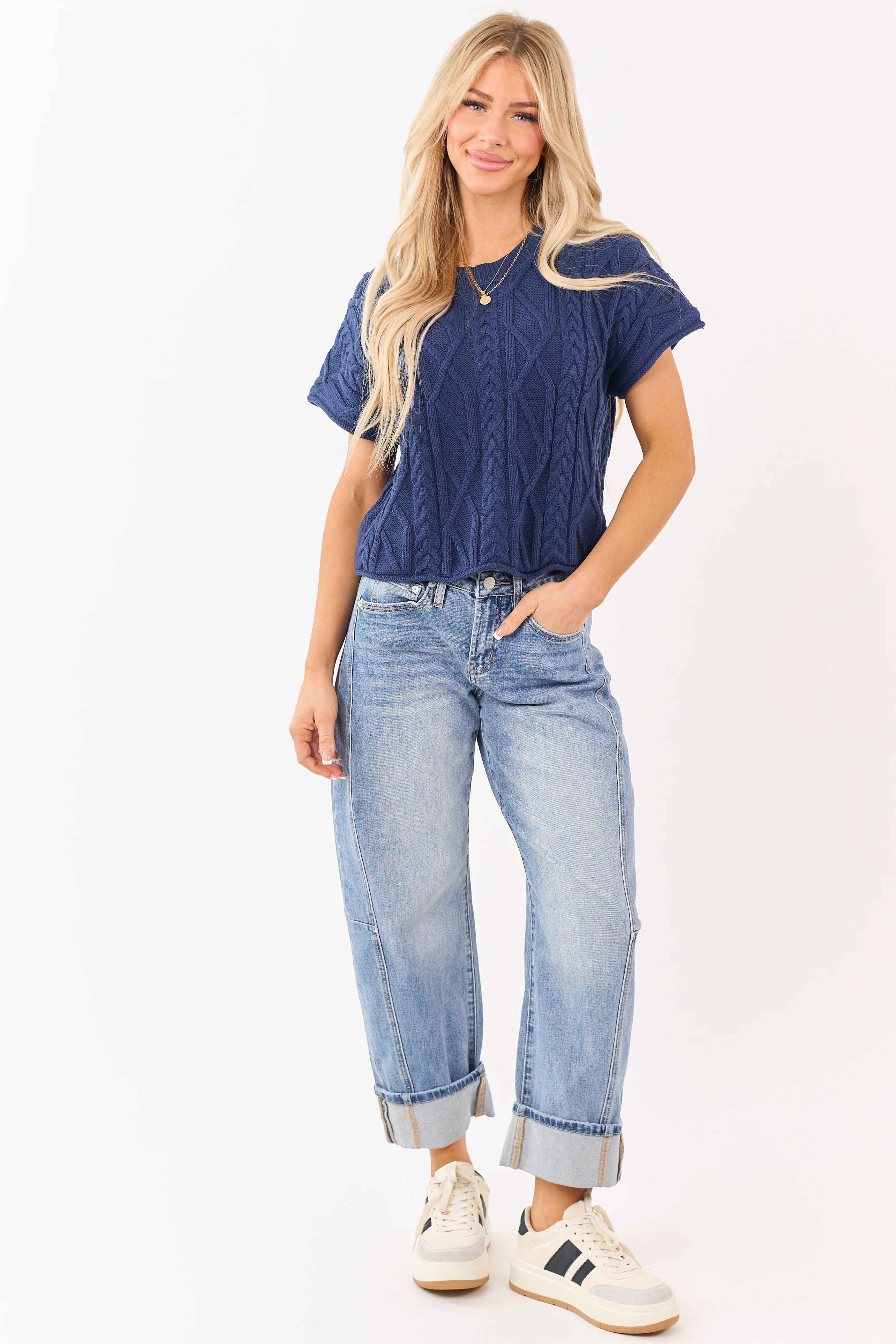 Entro Navy Short Sleeve Cable Knit Sweater Top - Image 3