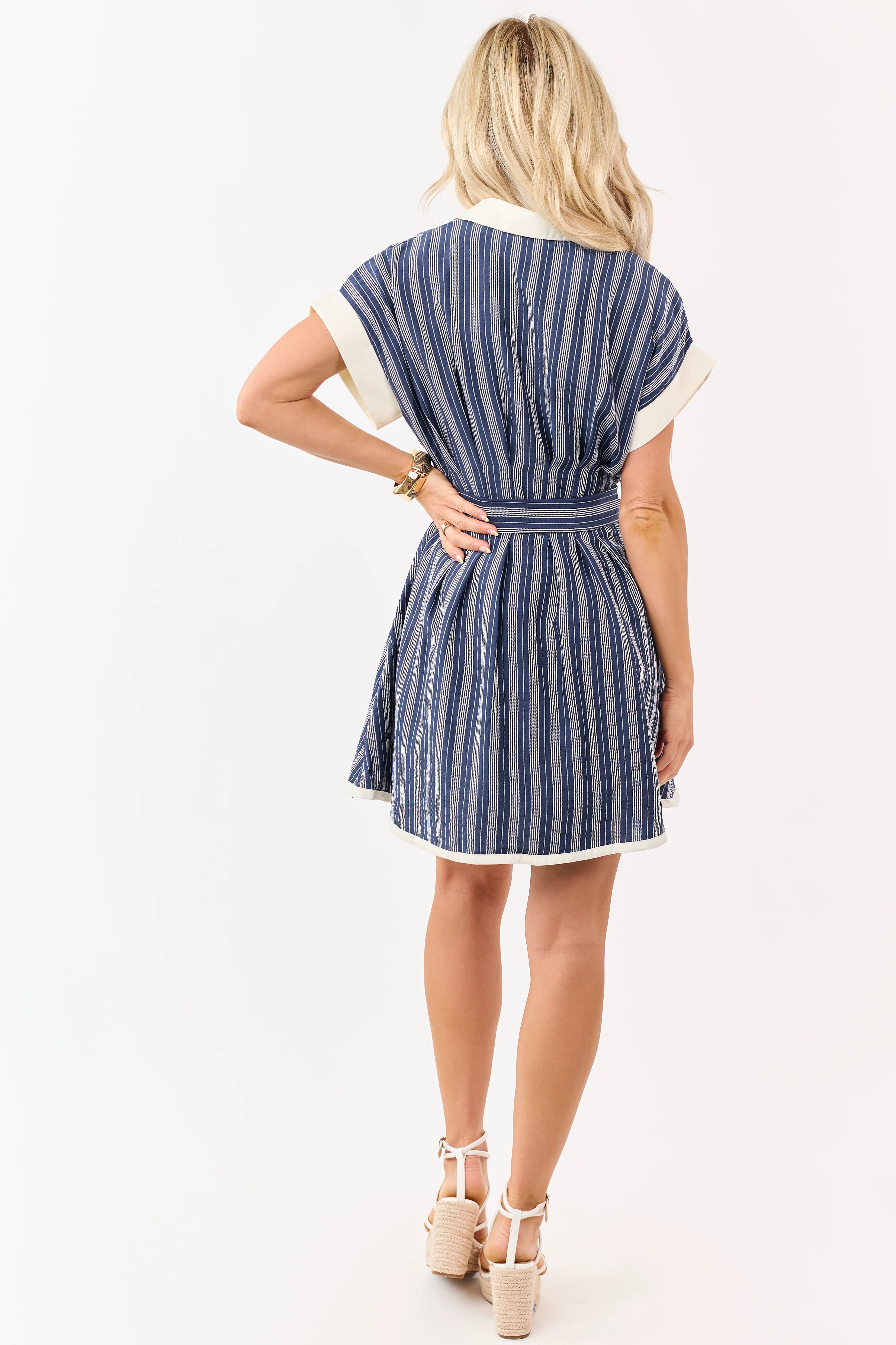 Entro Navy Striped Button Up Short Sleeve Mini Dress - Image 5