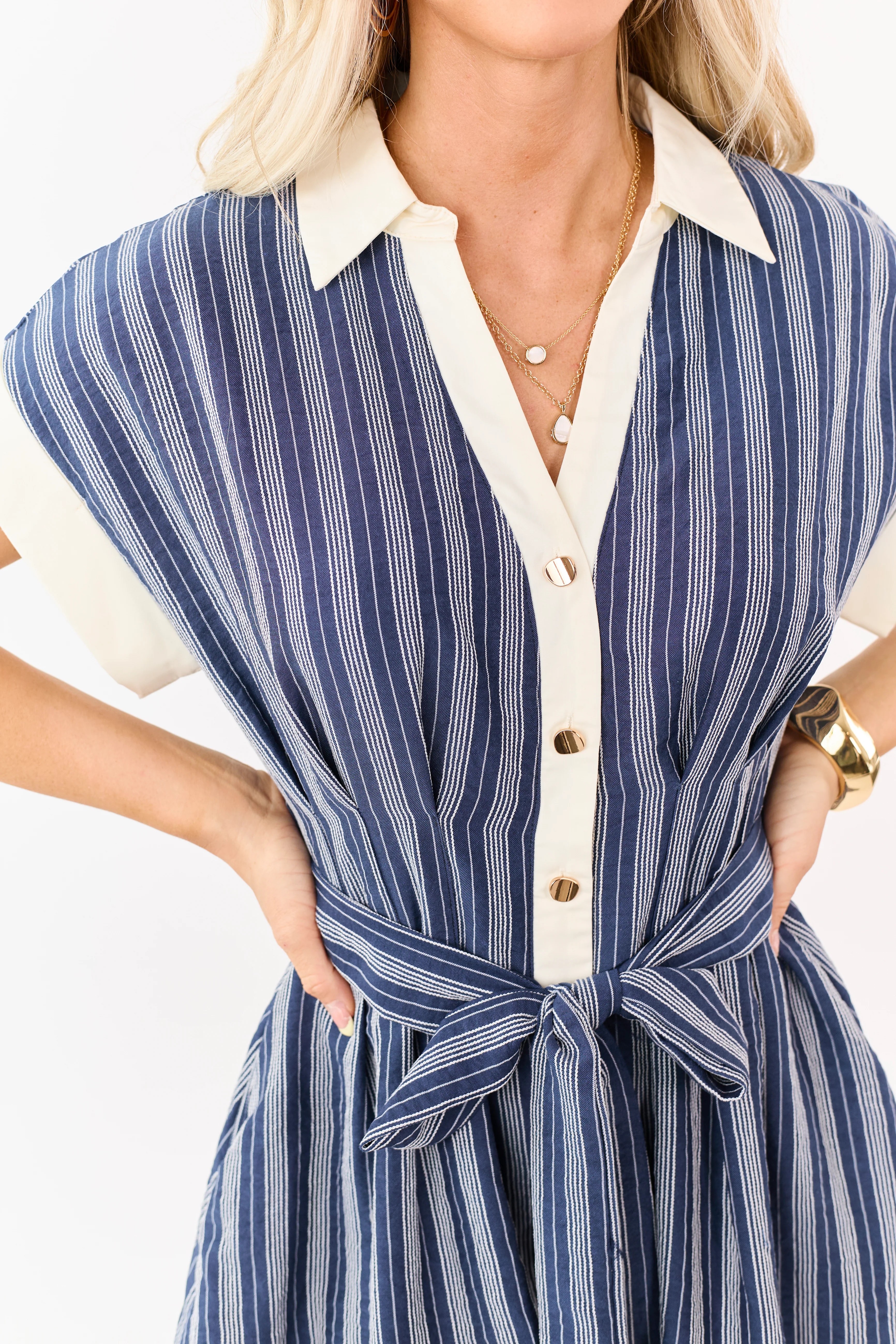 Entro Navy Striped Button Up Short Sleeve Mini Dress - Image 6