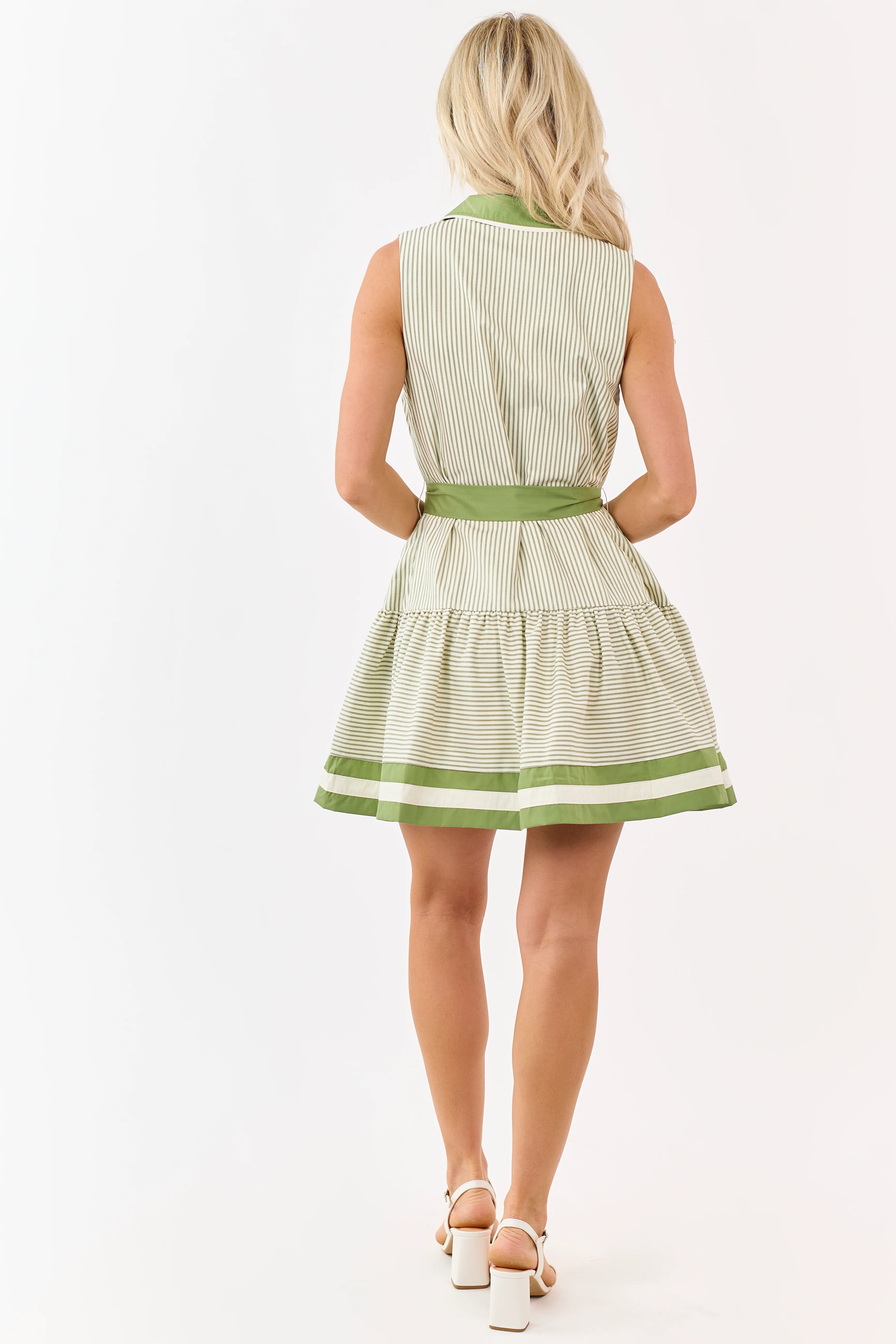 Entro Olive Striped Button Down Waist Tie Mini Dress - Image 5