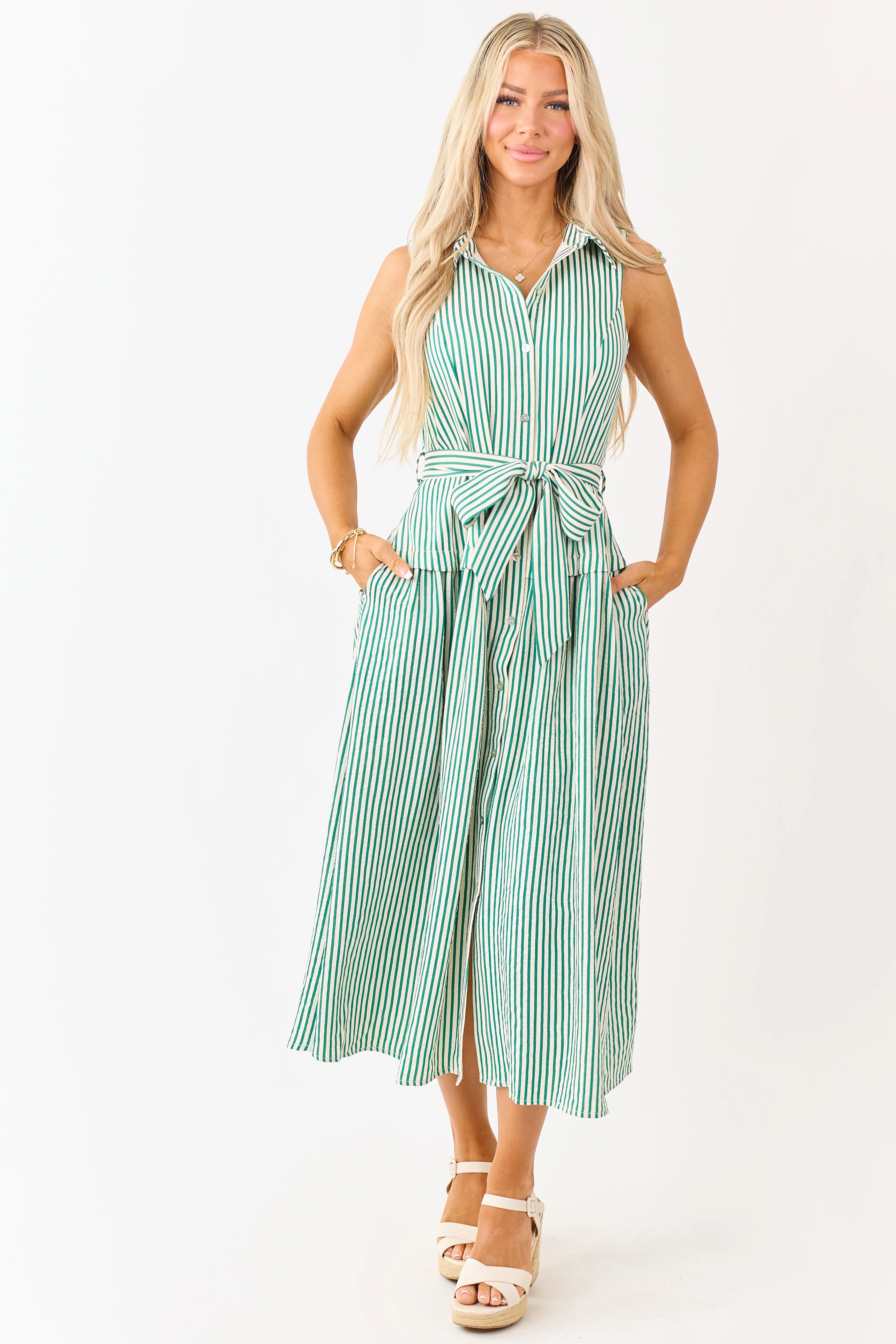 Entro Pine and Cream Striped Waist Tie Midi Dress - Image 2