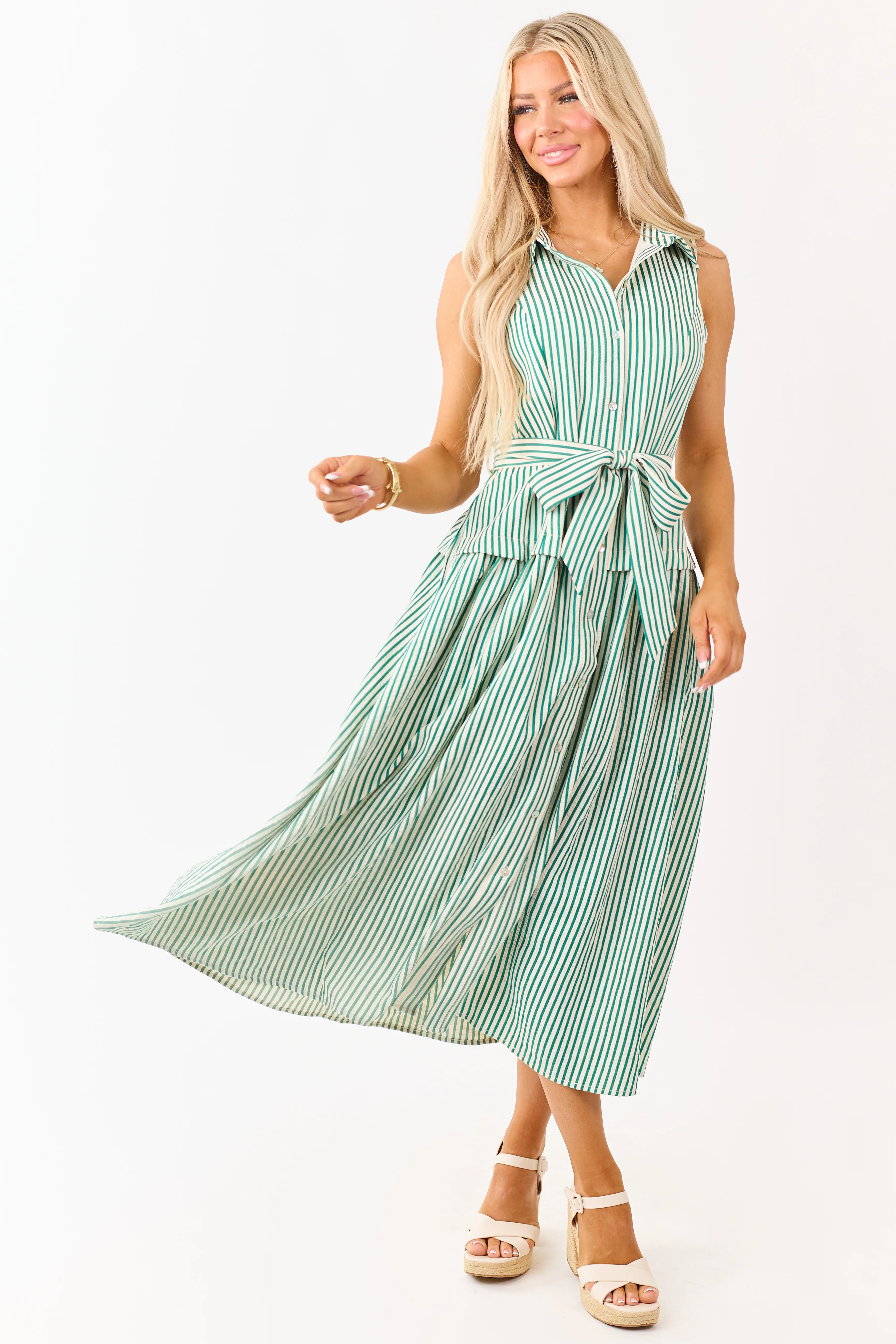 Entro Pine and Cream Striped Waist Tie Midi Dress - Image 3