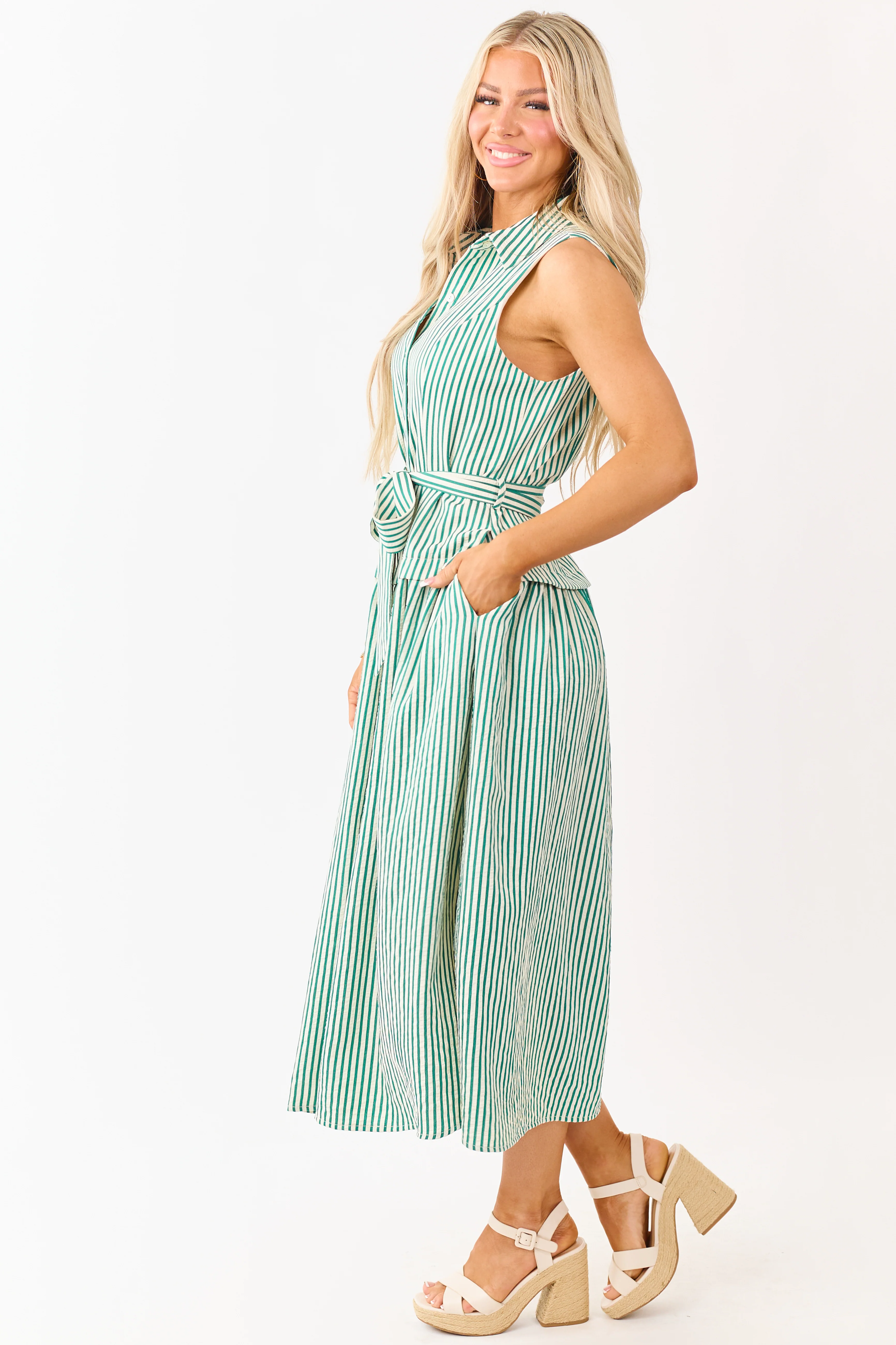 Entro Pine and Cream Striped Waist Tie Midi Dress - Image 4