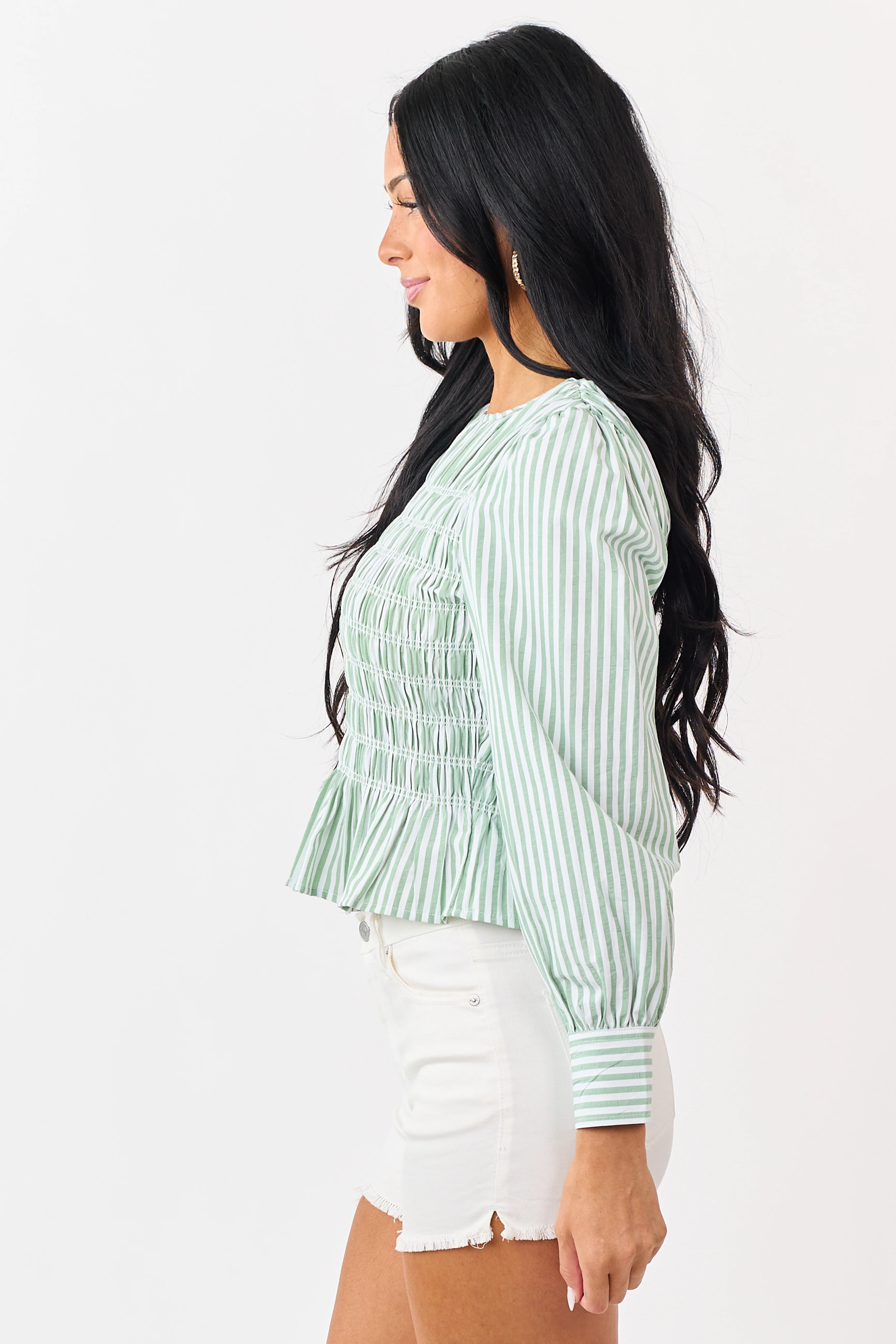 Entro Pistachio Striped Smocked Long Sleeve Top - Image 5