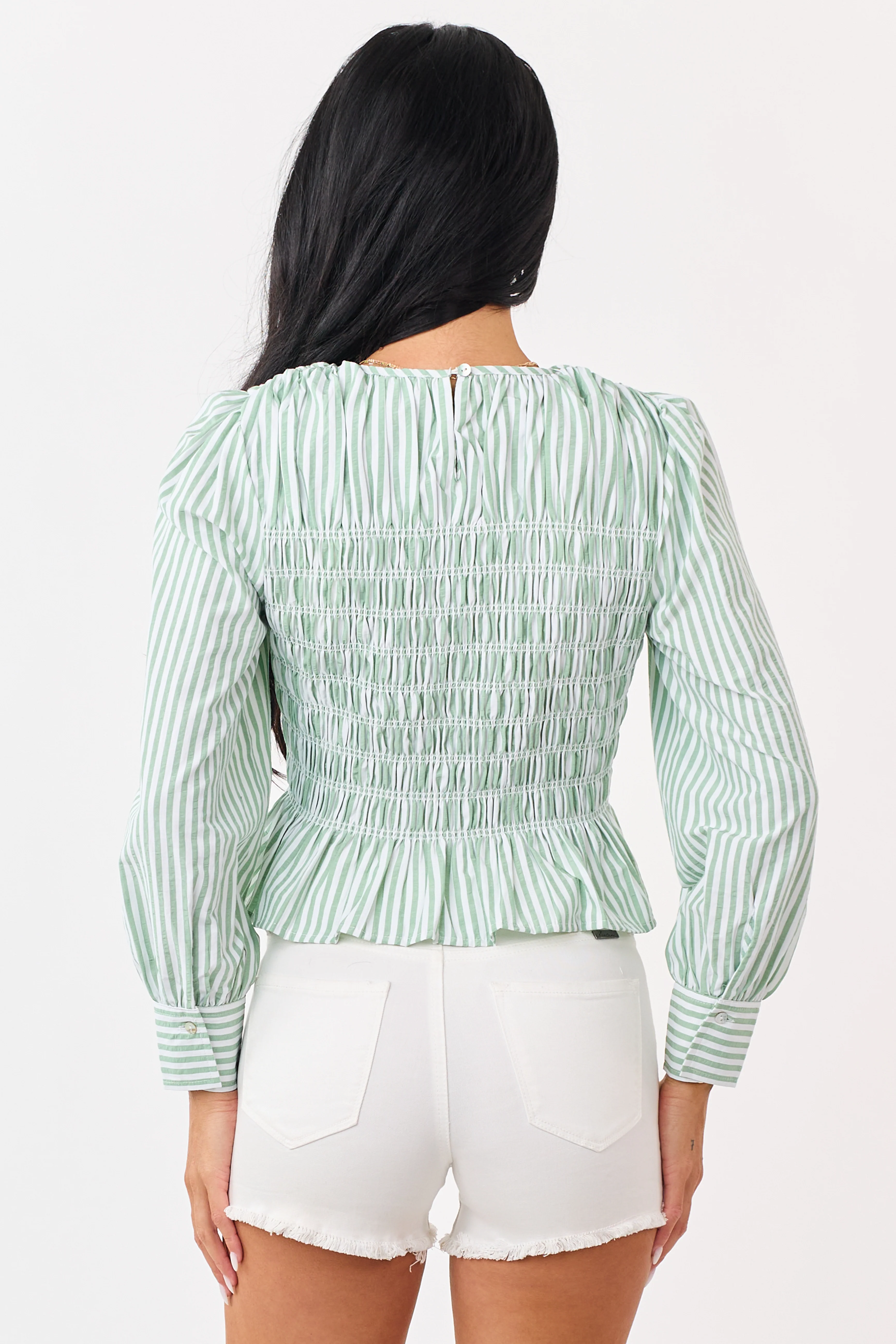 Entro Pistachio Striped Smocked Long Sleeve Top - Image 6