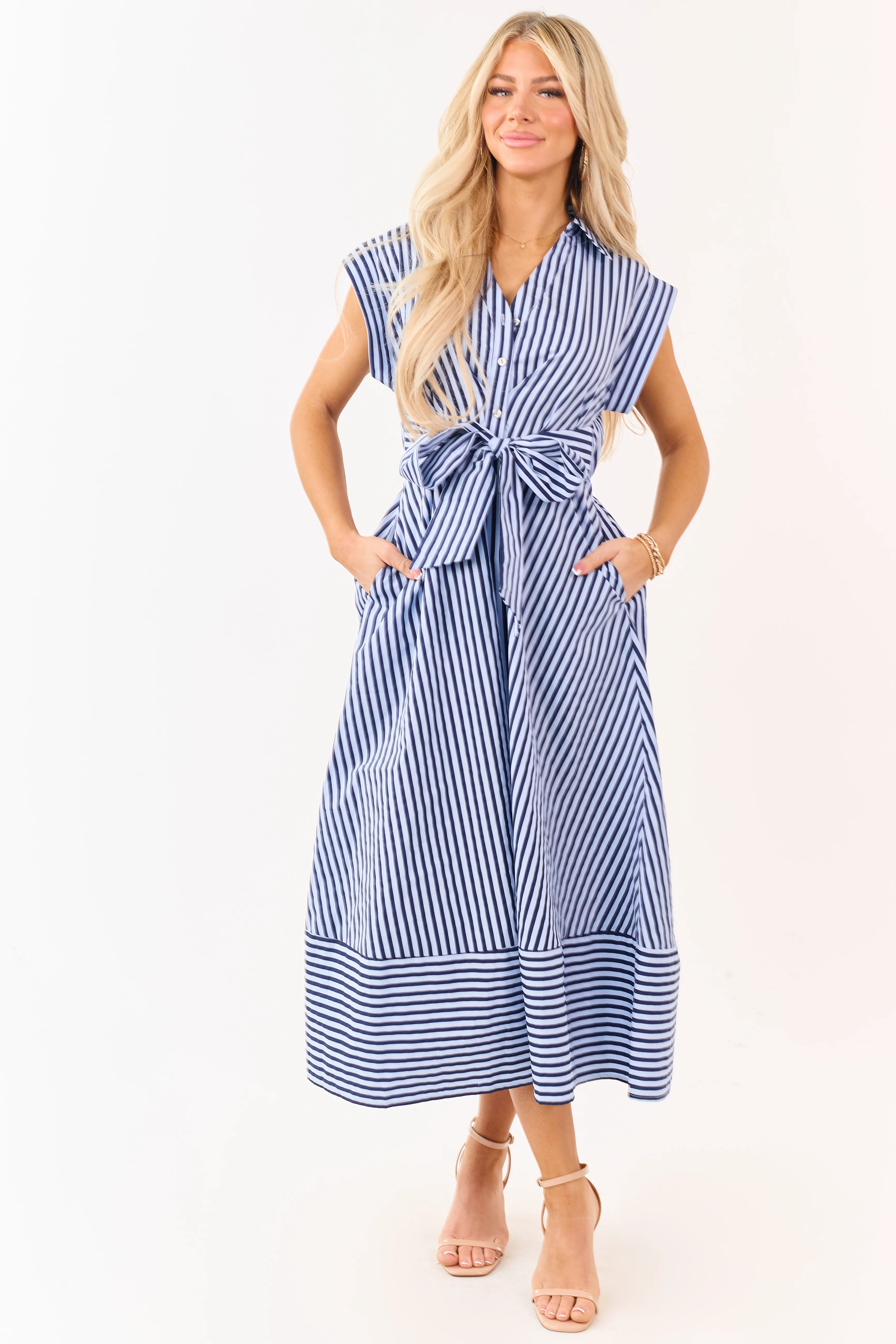 Entro Powder Blue and Navy Striped Cotton Midi Dress - Image 2
