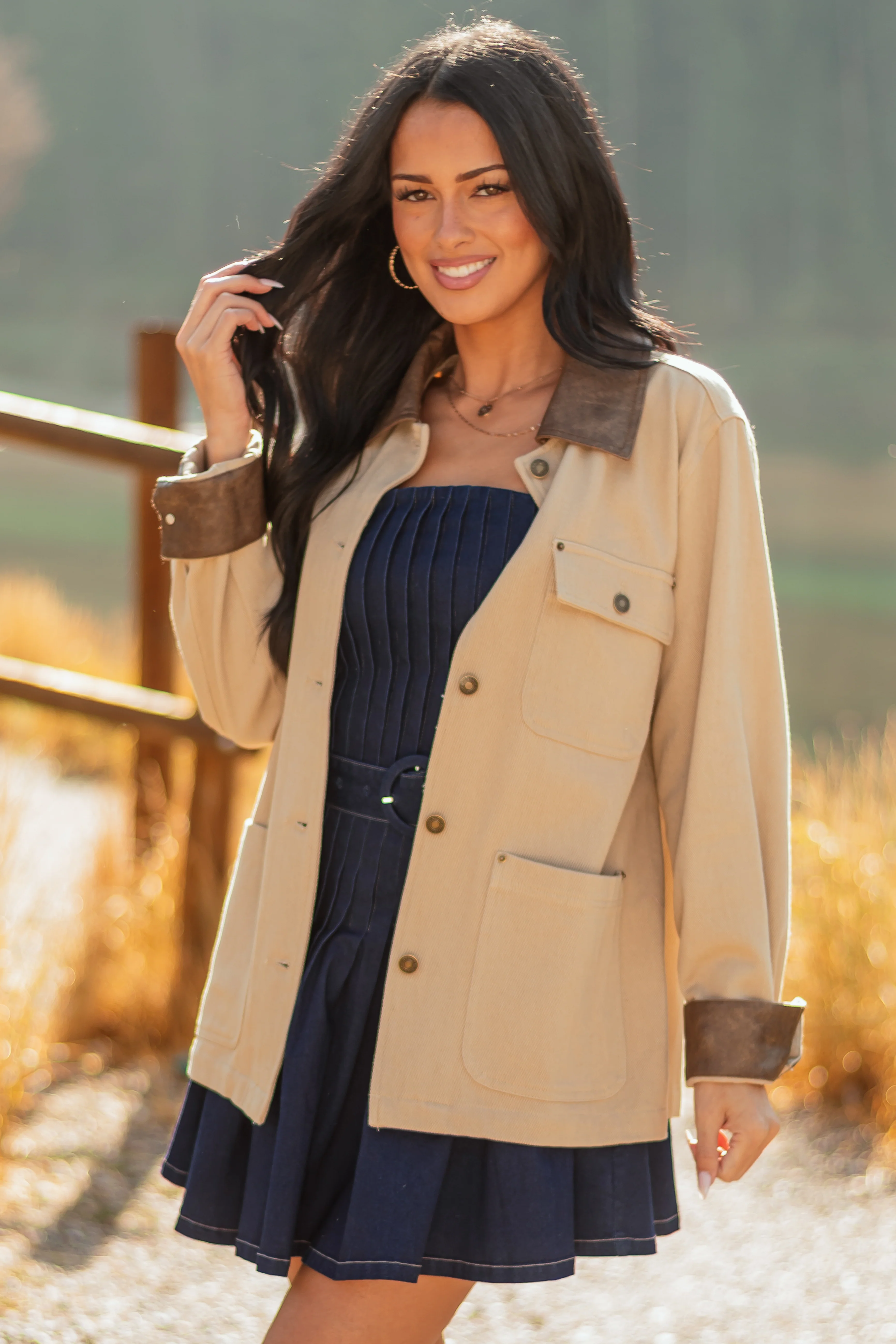 Entro Sand Denim Button Up Contrast Collar Jacket - Image 2