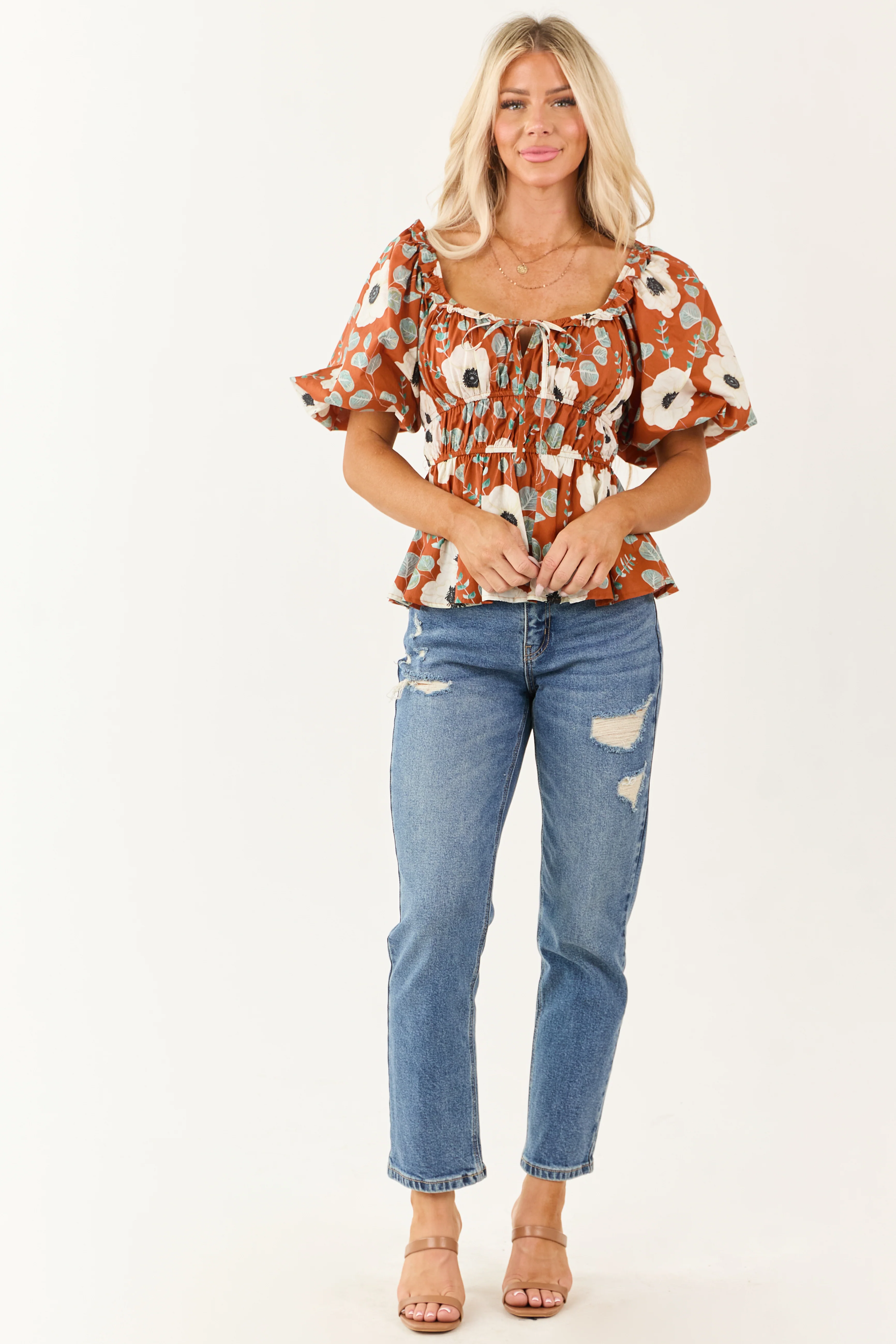 Entro Tawny Floral Smocked Waist Cotton Top - Image 2