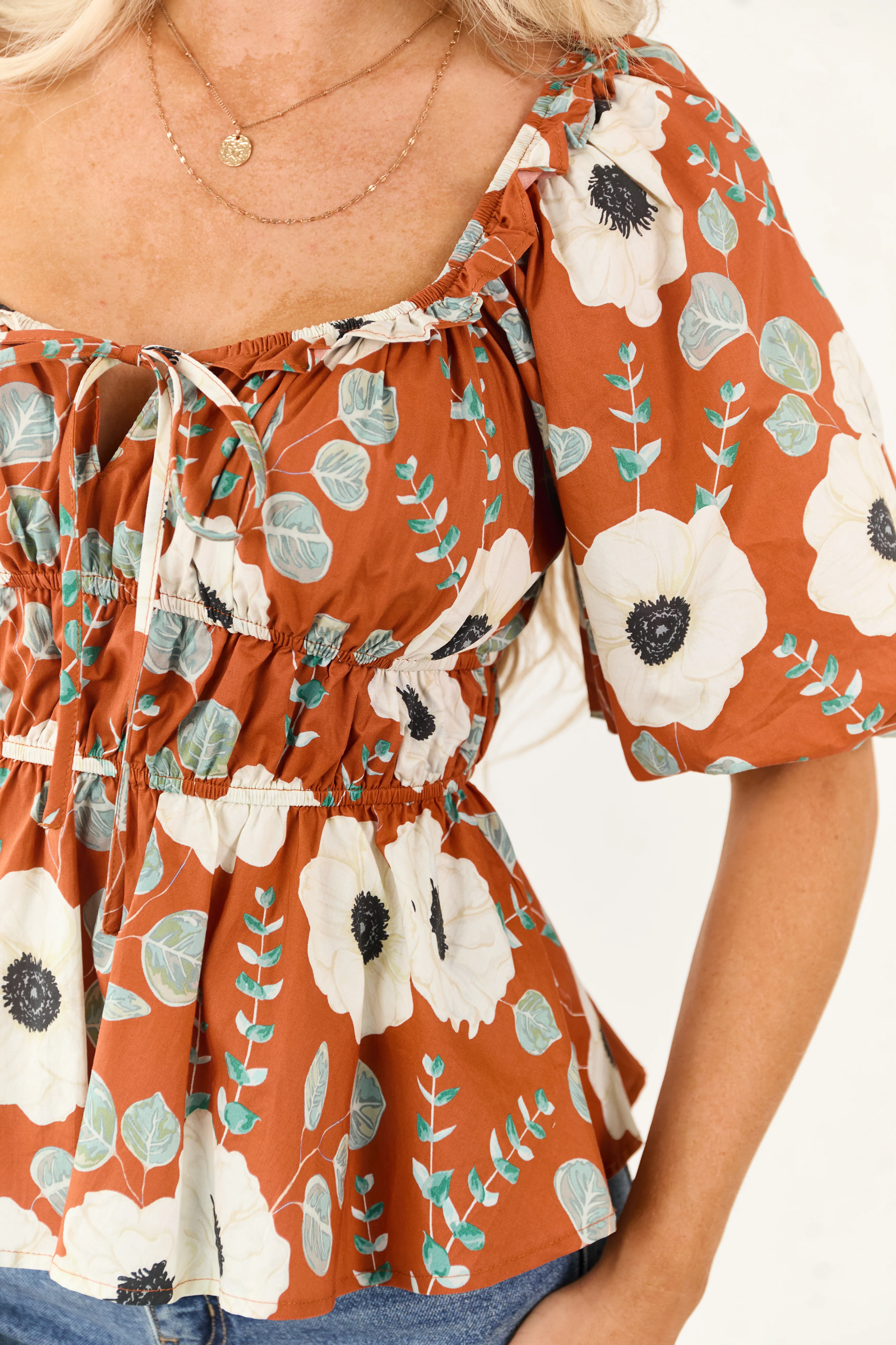 Entro Tawny Floral Smocked Waist Cotton Top - Image 7