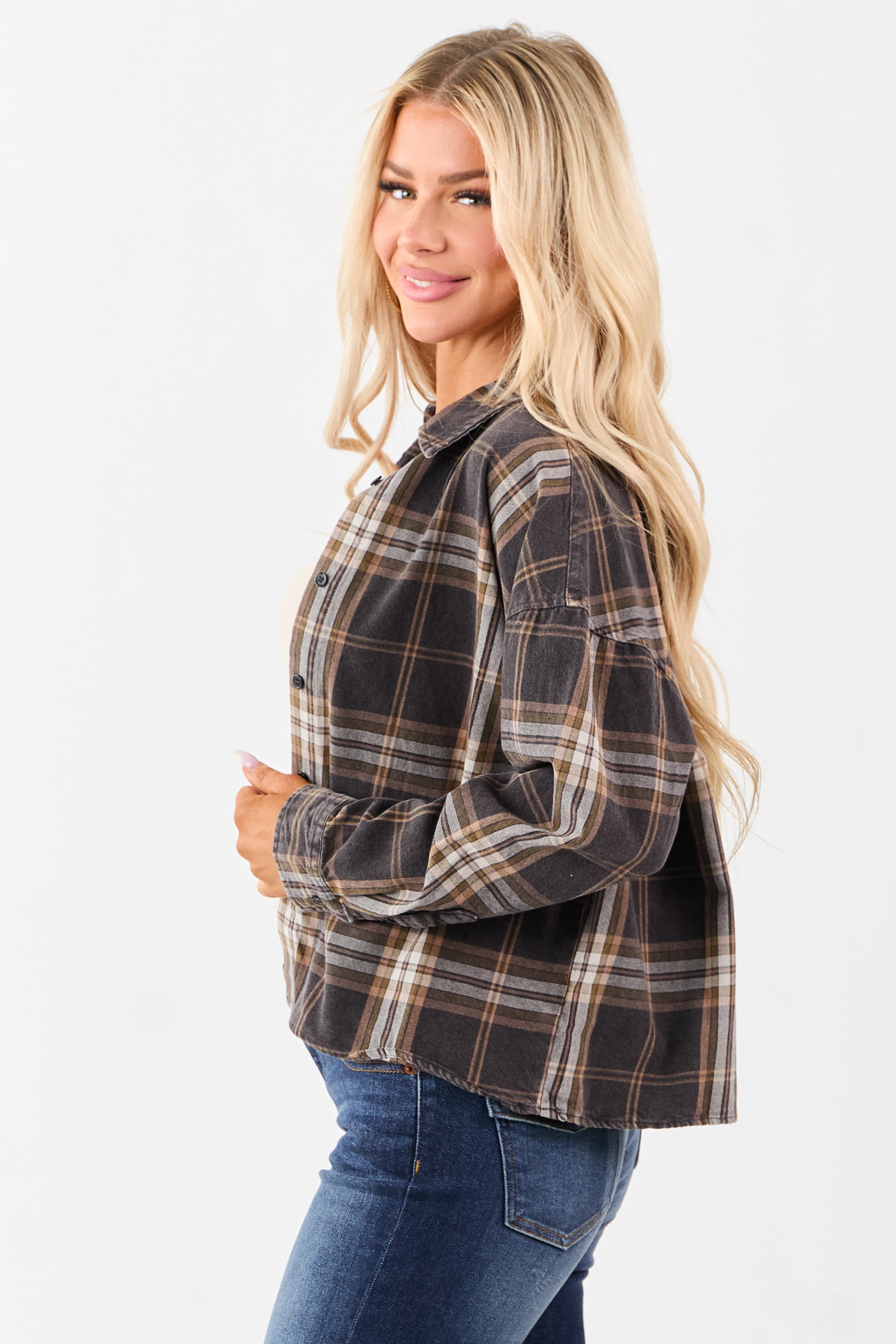 Faded Black Plaid Cotton Button Down Collared Top - Image 5