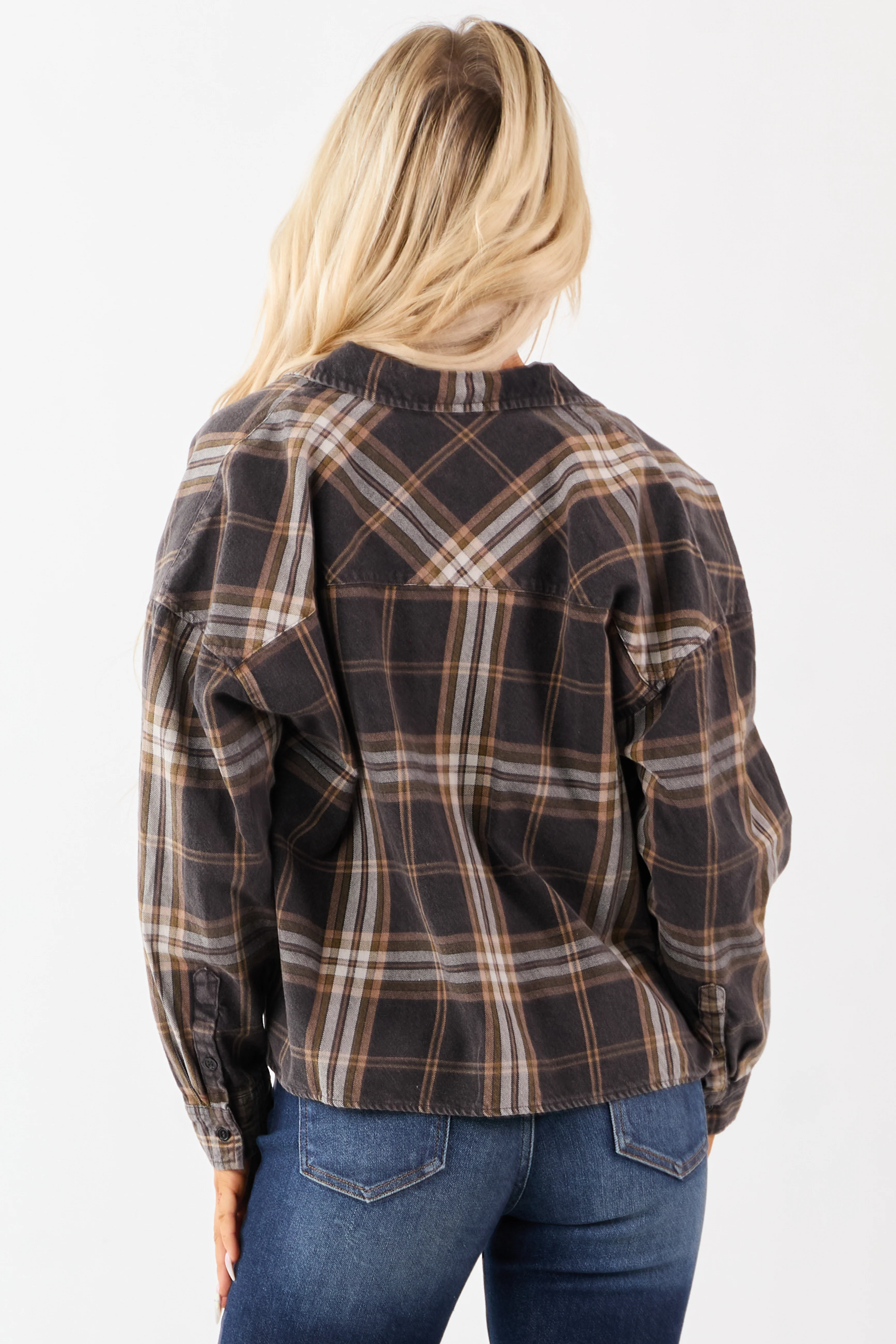 Faded Black Plaid Cotton Button Down Collared Top - Image 6