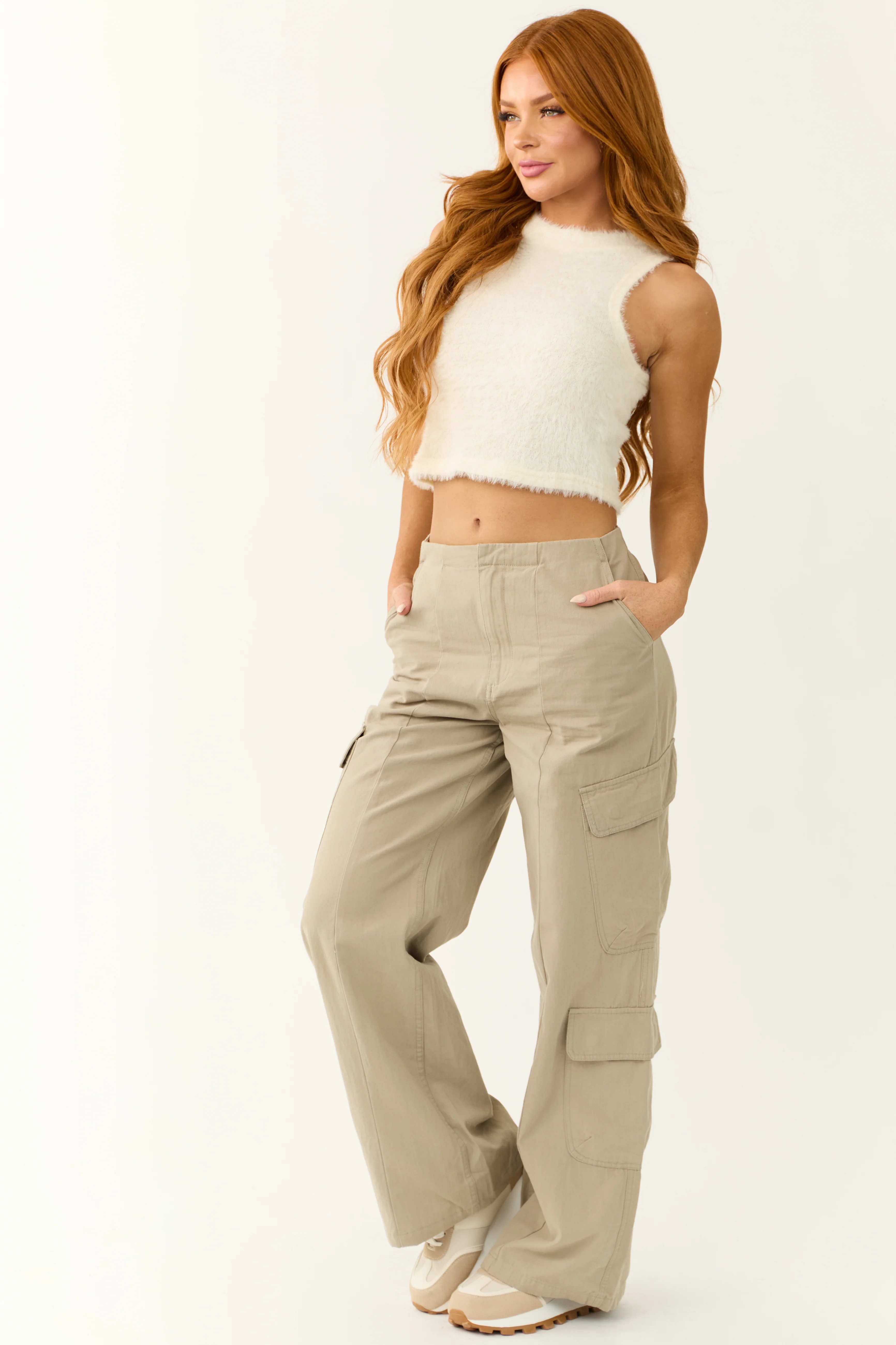 Faded Olive Mid Rise Wide Leg Cargo Pants - Image 6