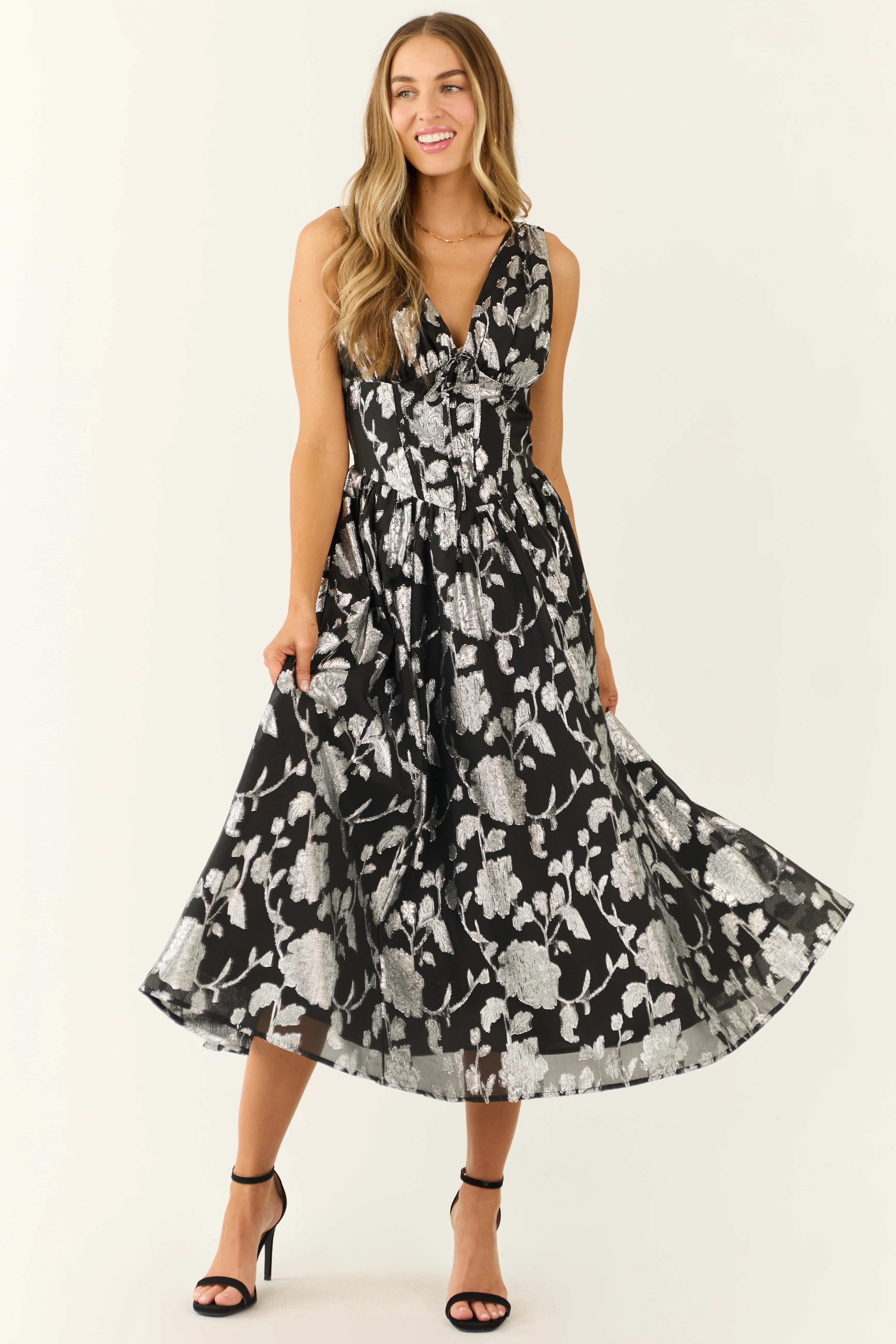 Flying Tomato Black and Silver Floral Midi Dress