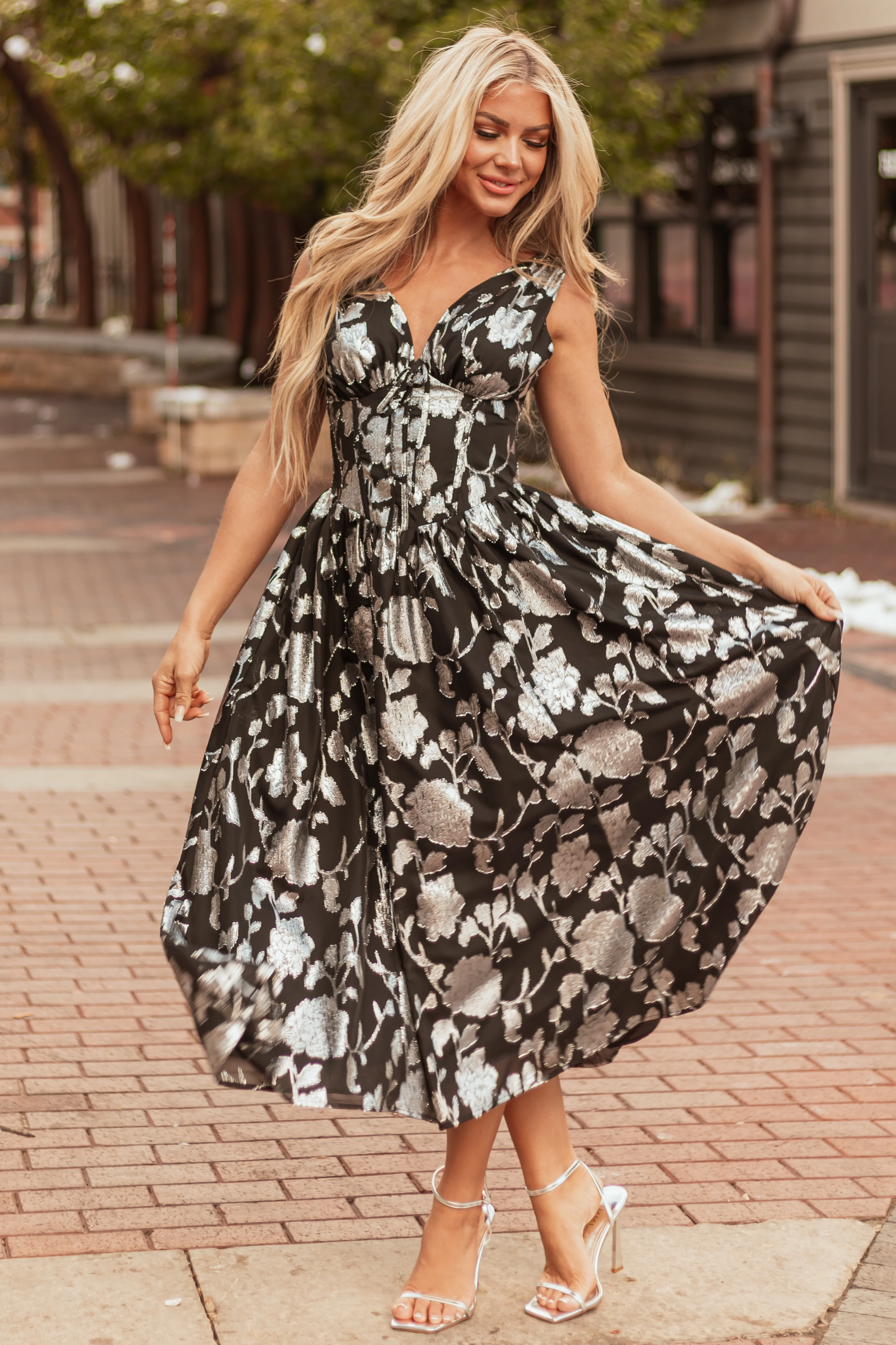 Flying Tomato Black and Silver Floral Midi Dress - Image 2