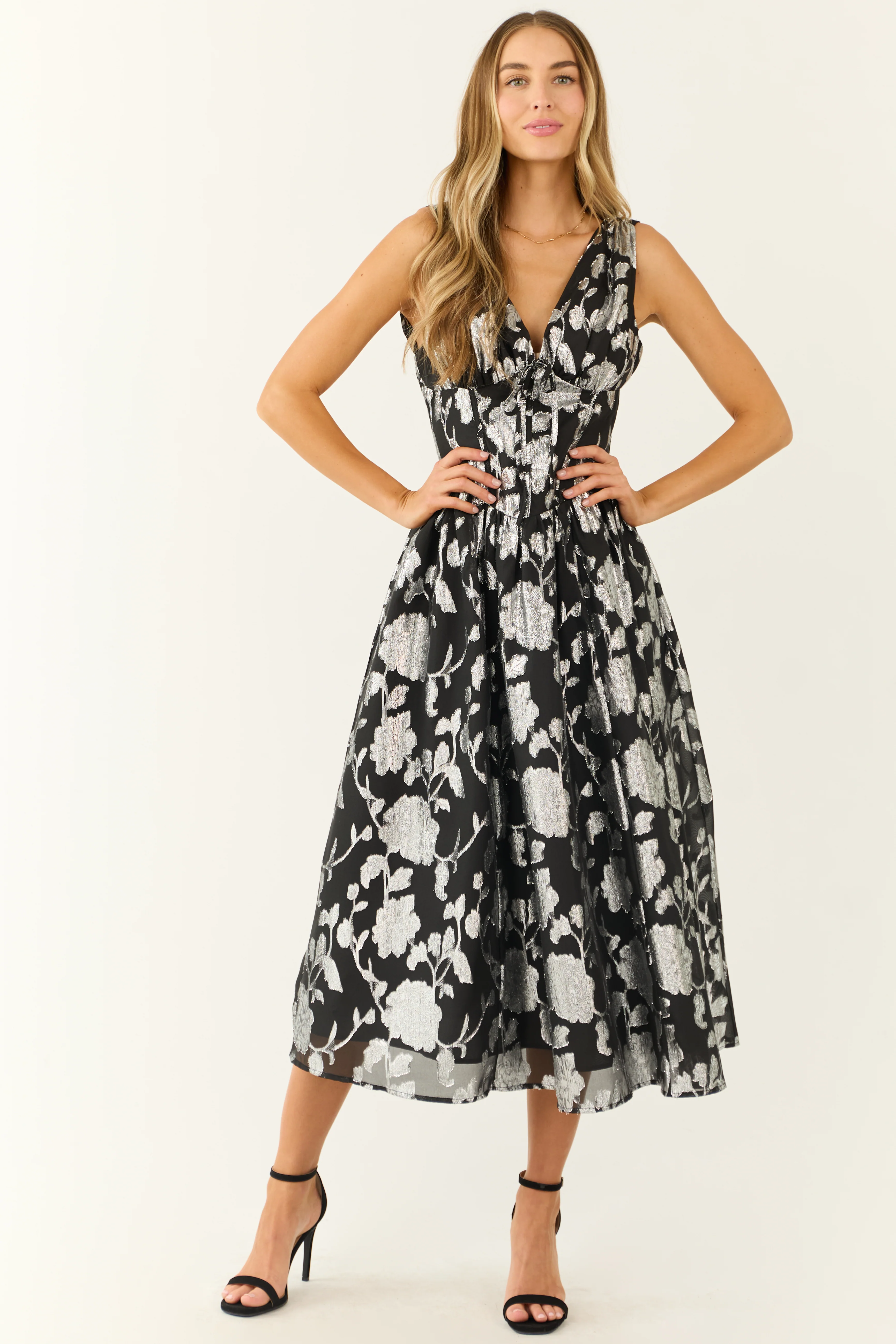 Flying Tomato Black and Silver Floral Midi Dress - Image 3