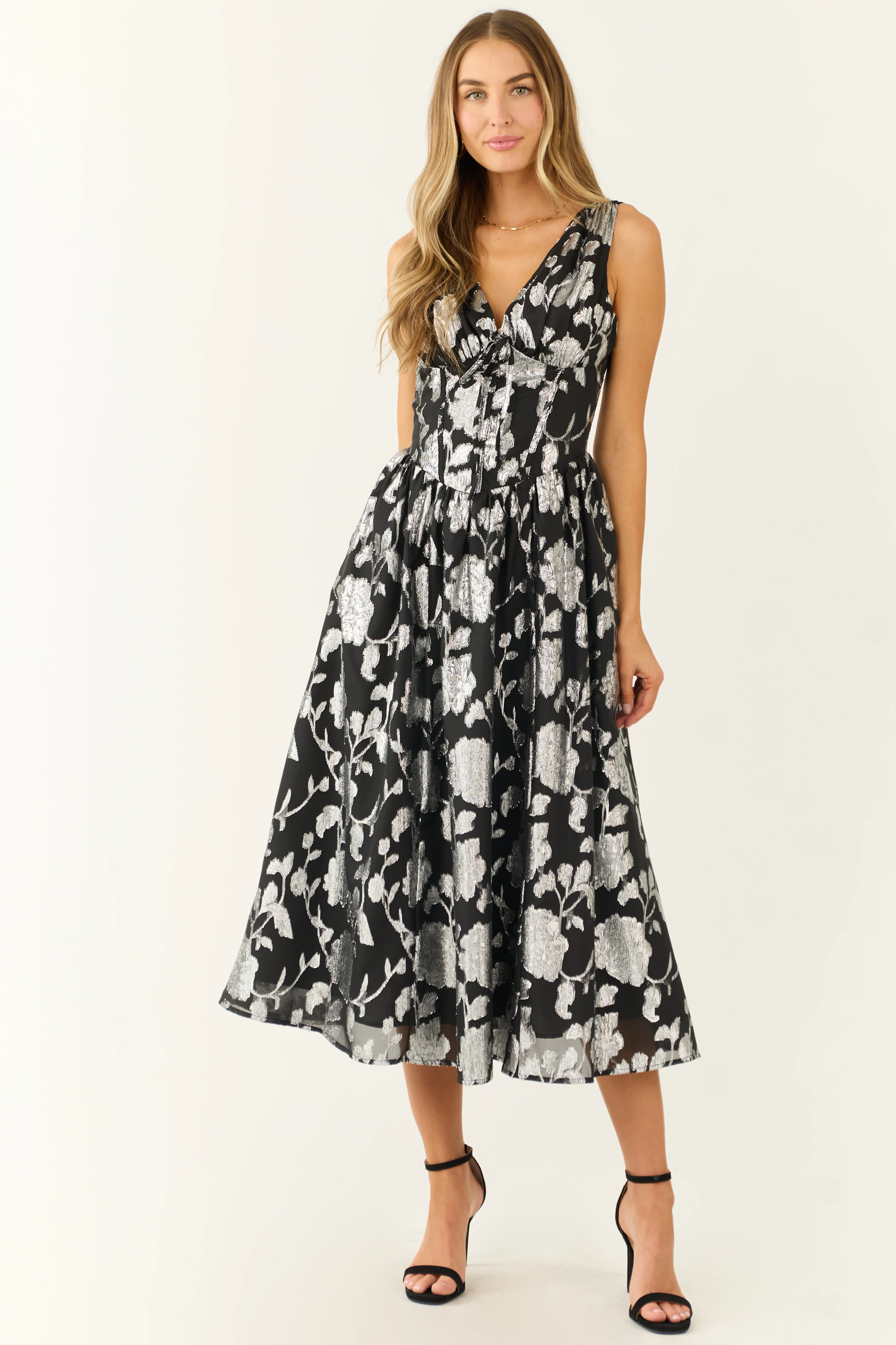 Flying Tomato Black and Silver Floral Midi Dress - Image 4
