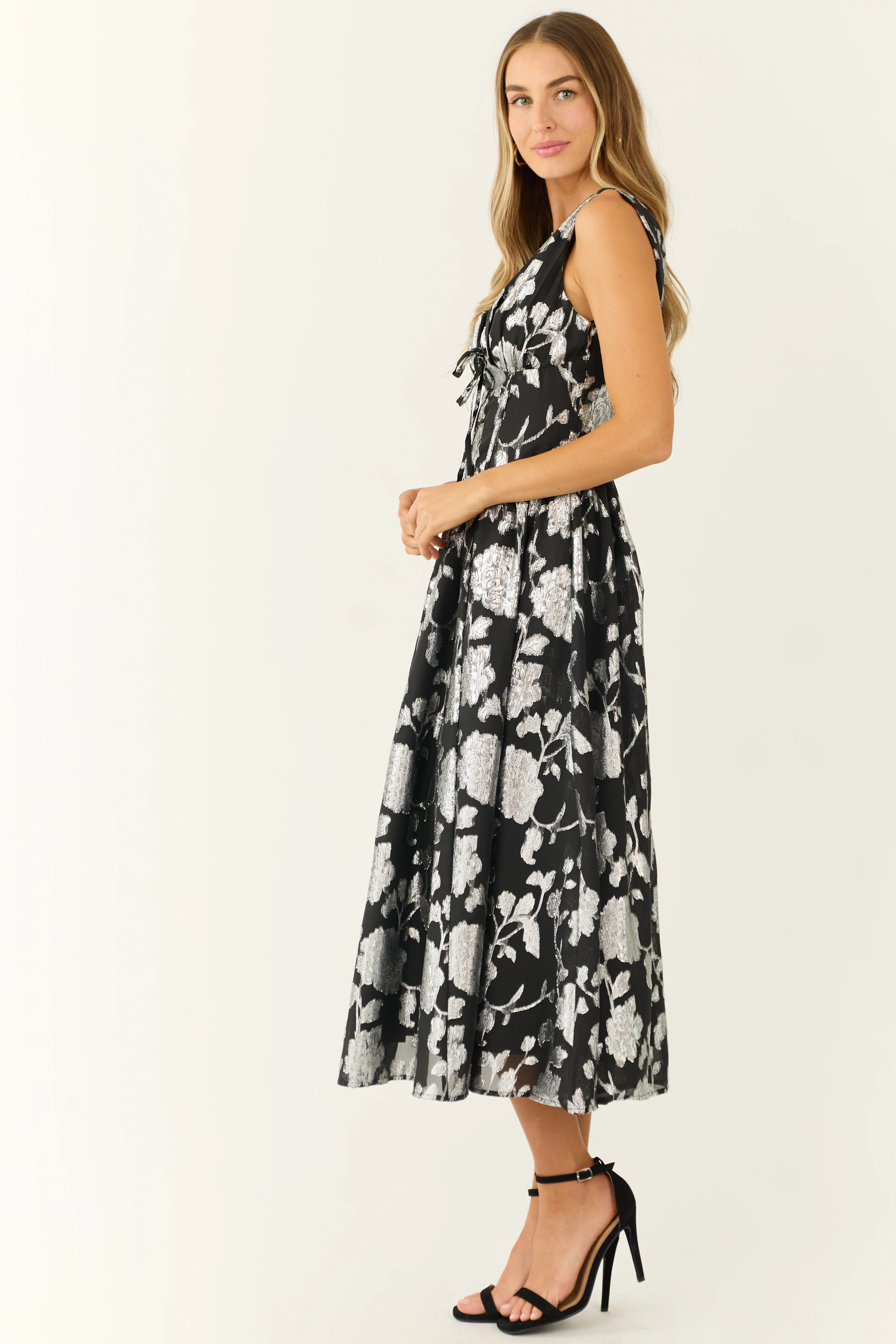 Flying Tomato Black and Silver Floral Midi Dress - Image 5