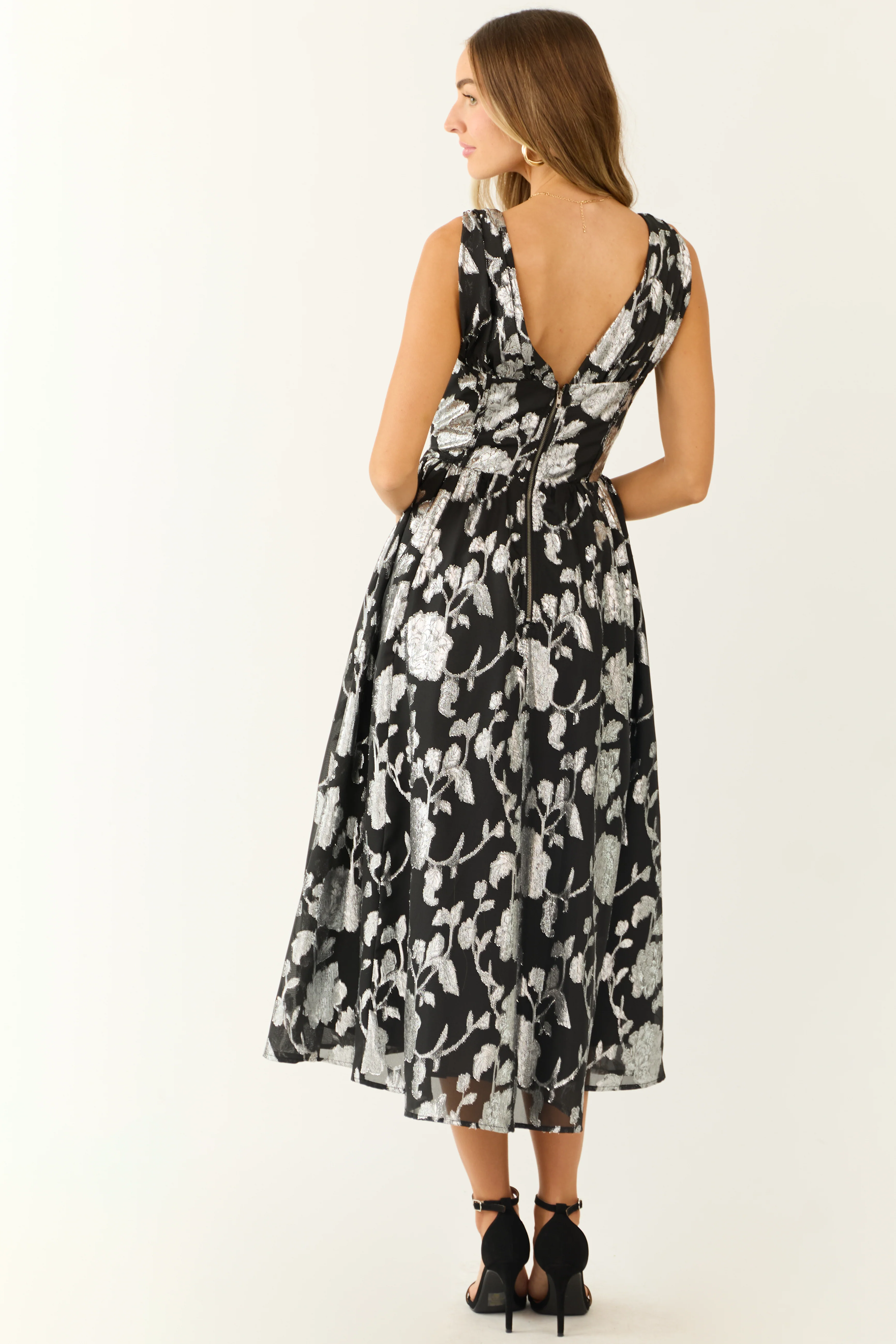 Flying Tomato Black and Silver Floral Midi Dress - Image 6