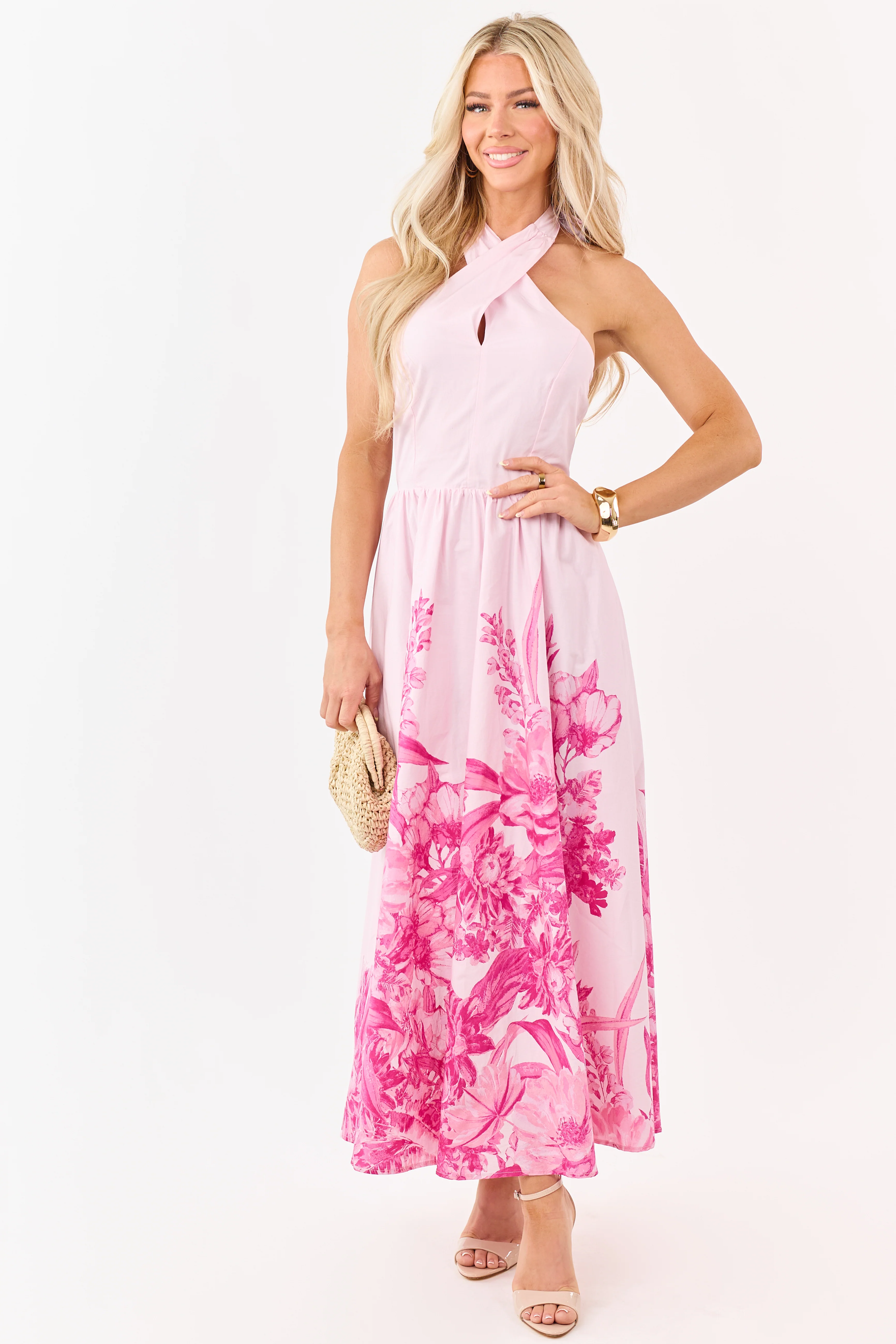 Flying Tomato Blush Cotton Floral Halter Midi Dress - Image 2