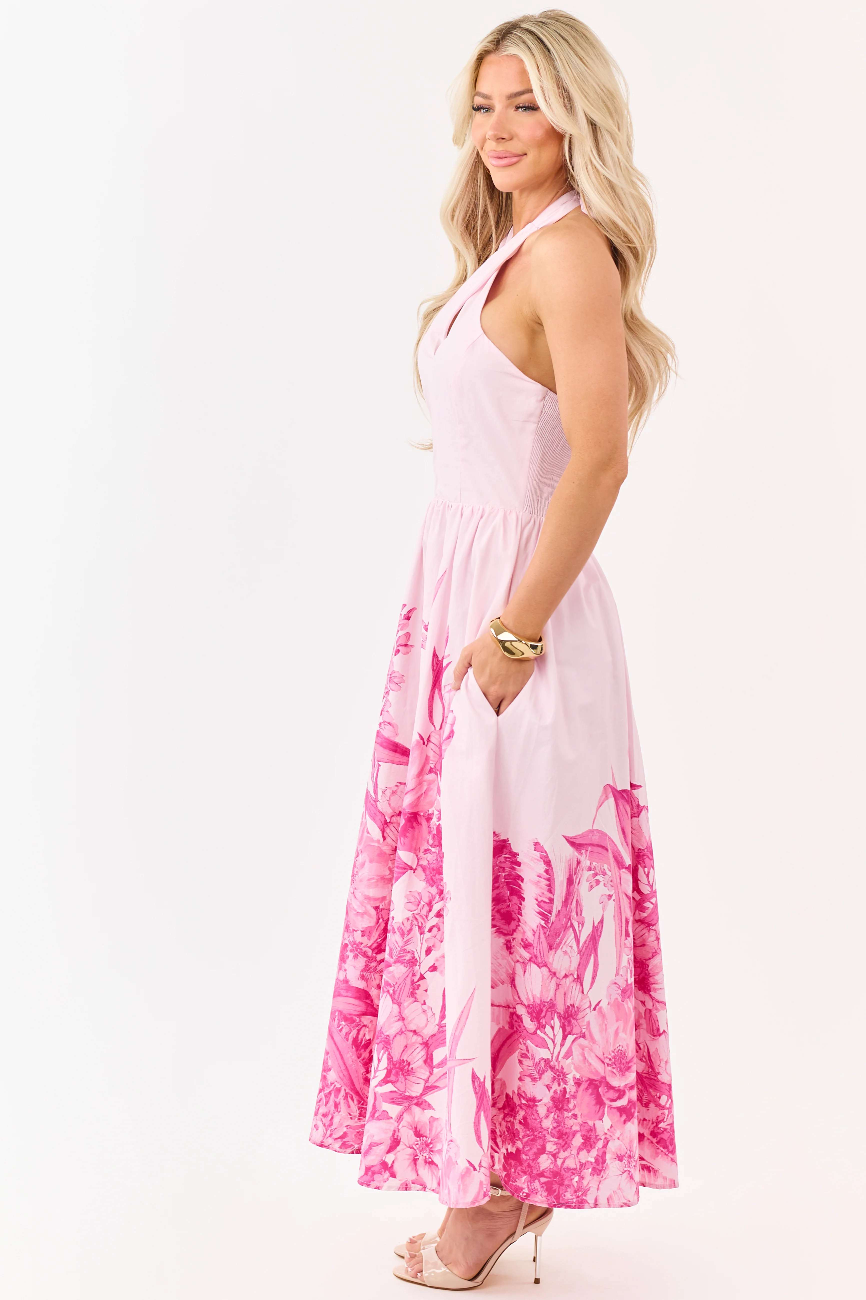 Flying Tomato Blush Cotton Floral Halter Midi Dress - Image 4