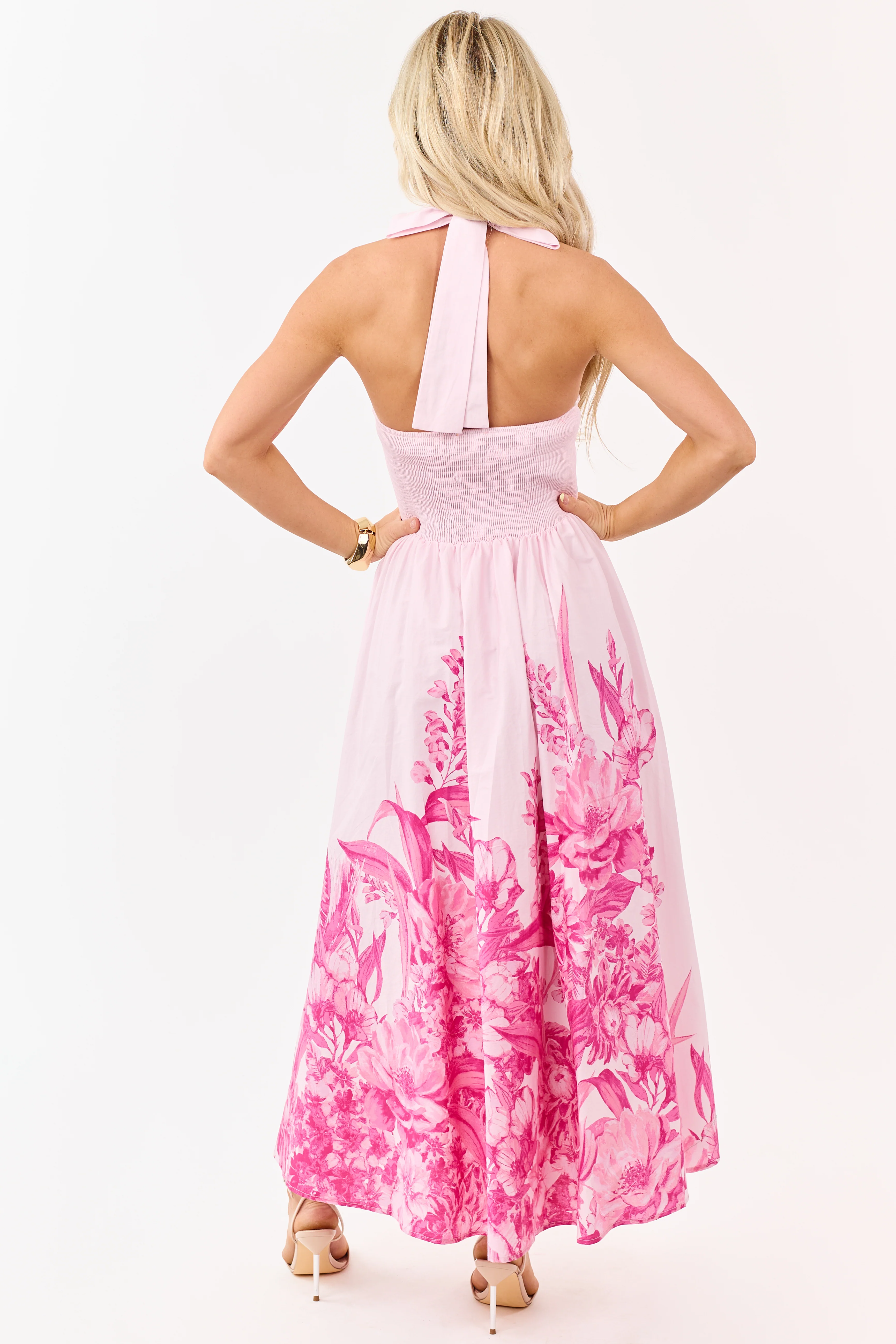 Flying Tomato Blush Cotton Floral Halter Midi Dress - Image 5