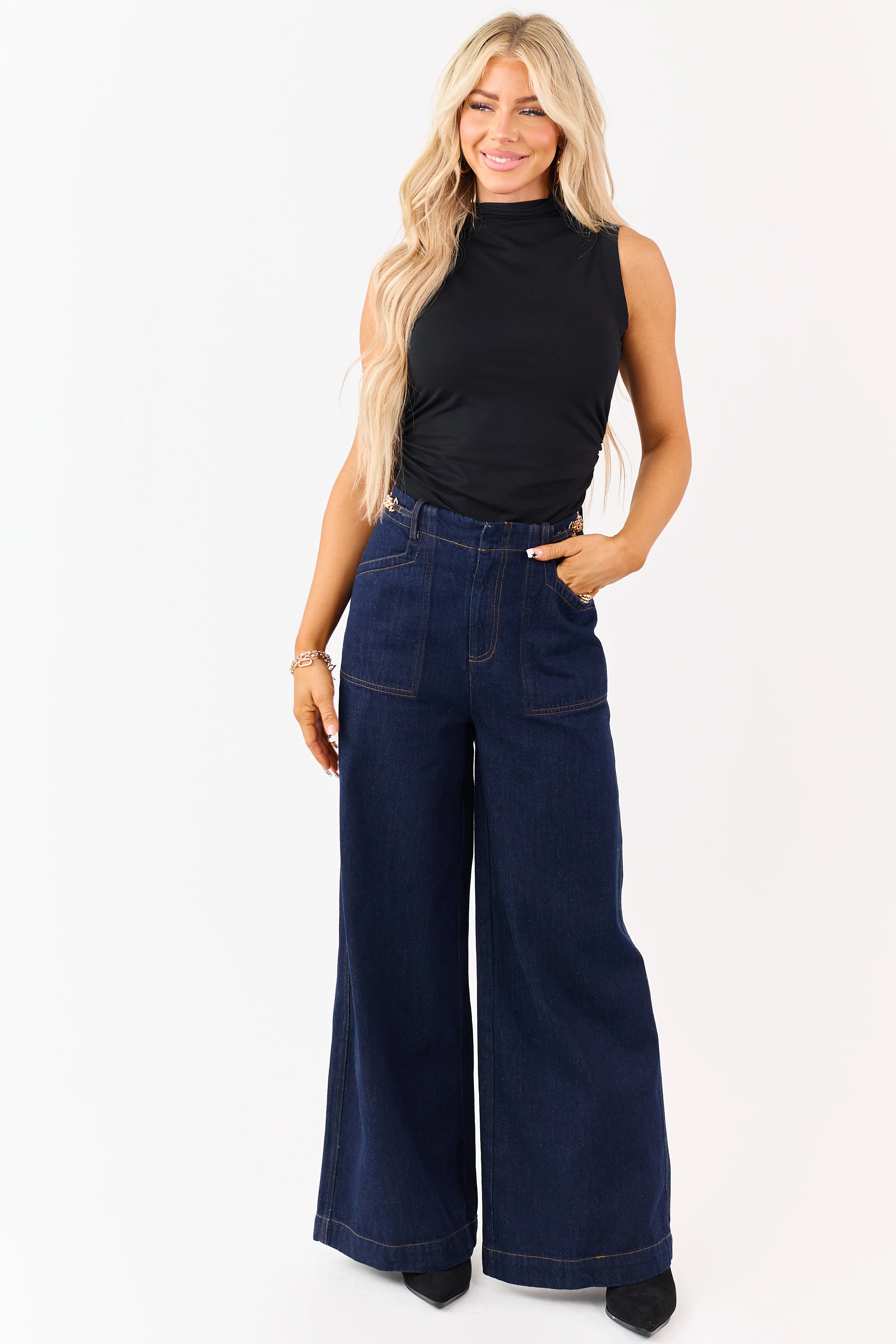 Flying Tomato Dark Wash Wide Leg Waist Detail Jeans - Image 6