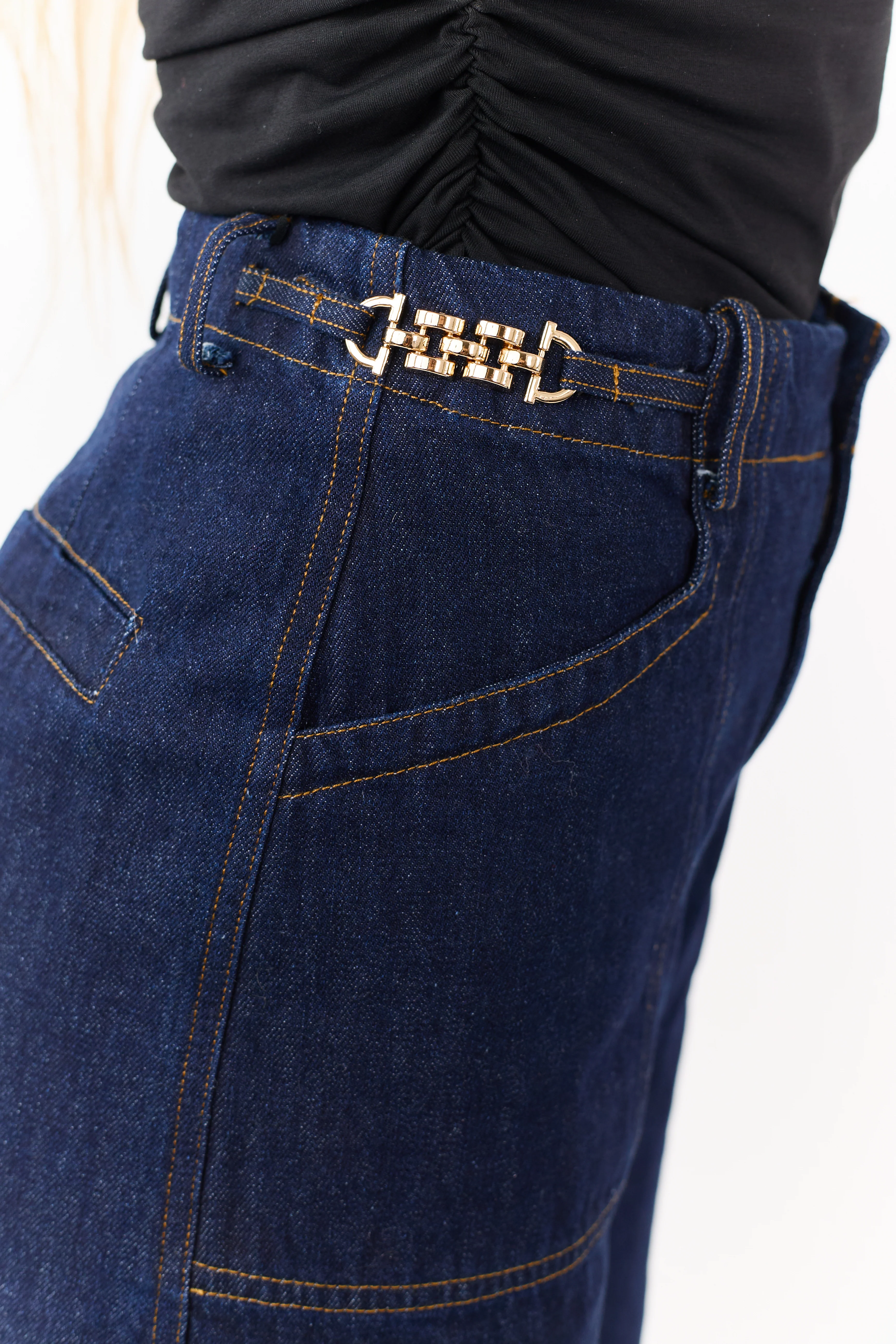 Flying Tomato Dark Wash Wide Leg Waist Detail Jeans - Image 7